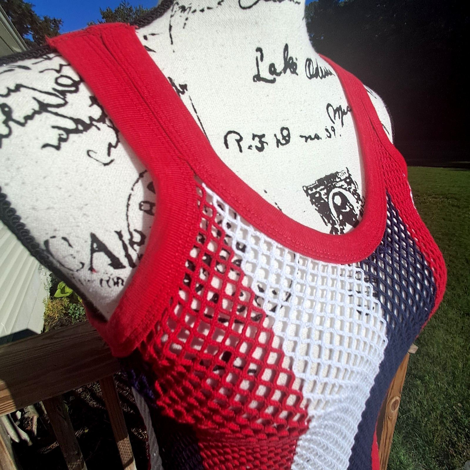 Vintage Trends String Vest Mesh Fishnet Tank Top Dress Large Patriotic USA Flag