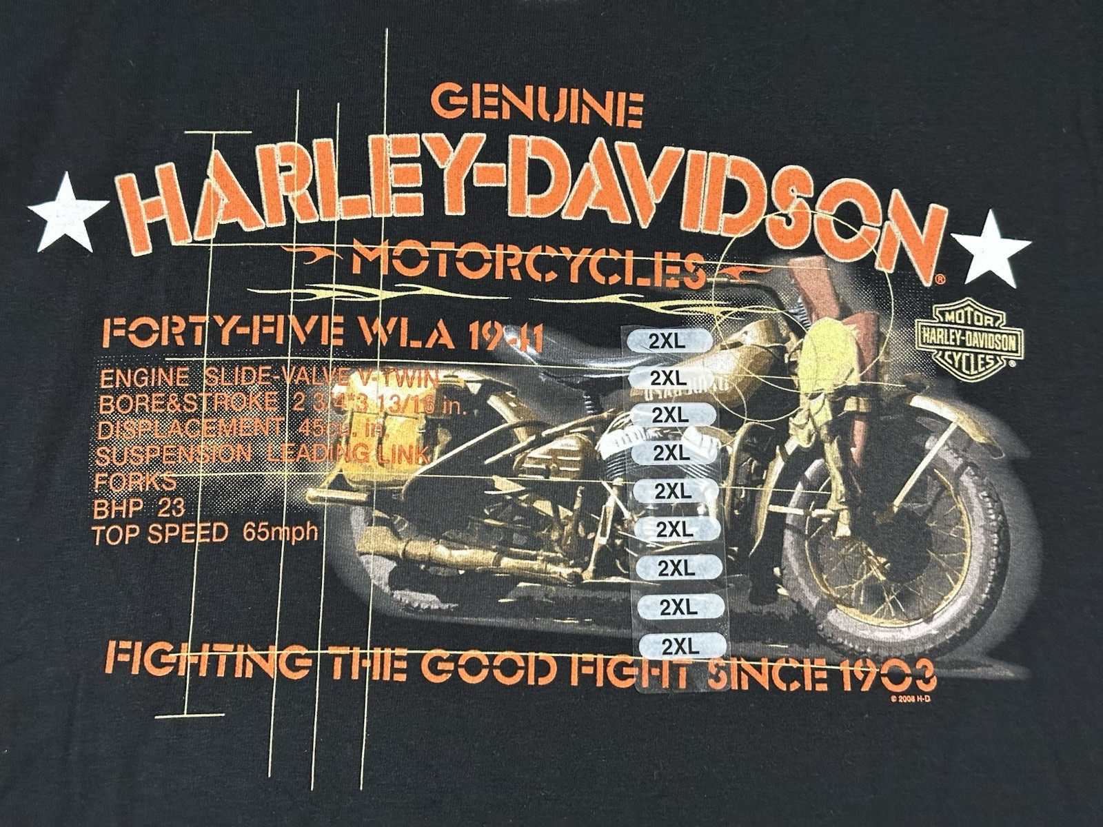 Harley Davidson 1941 WLA Mid America Shirt 2XL Black NWT 2008