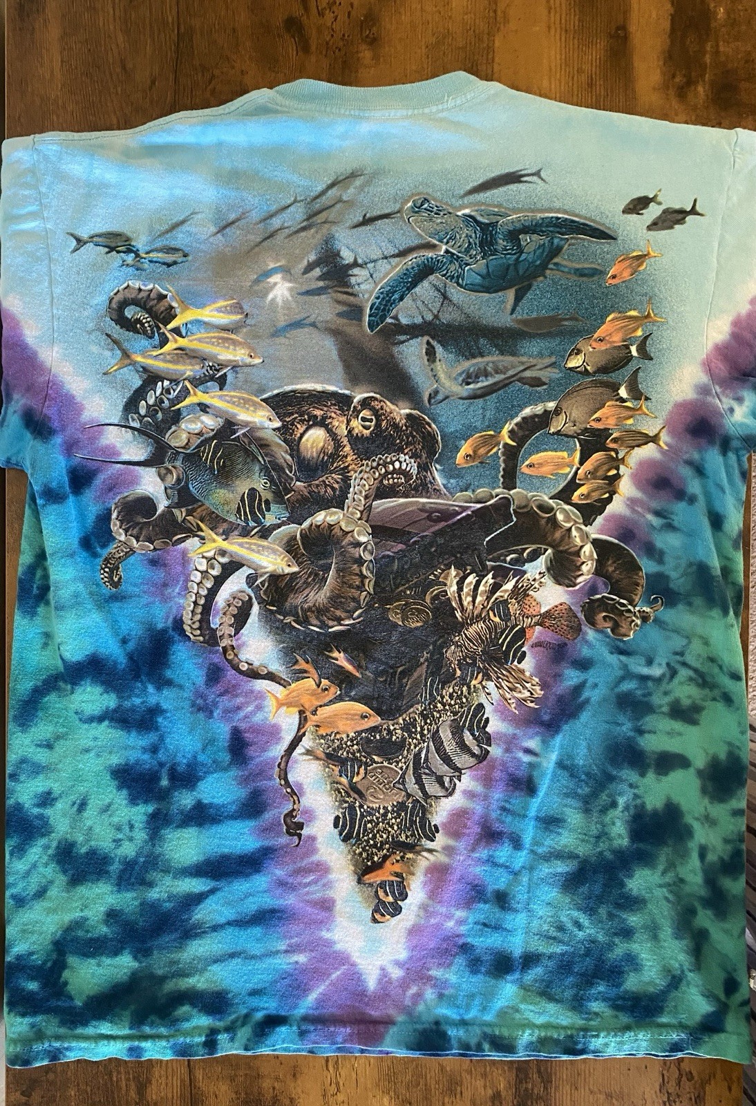 Vintage 90s Y2K Liquid Blue Aquatic Oceanlife Tie Dye Shirt Medium Fish Animals
