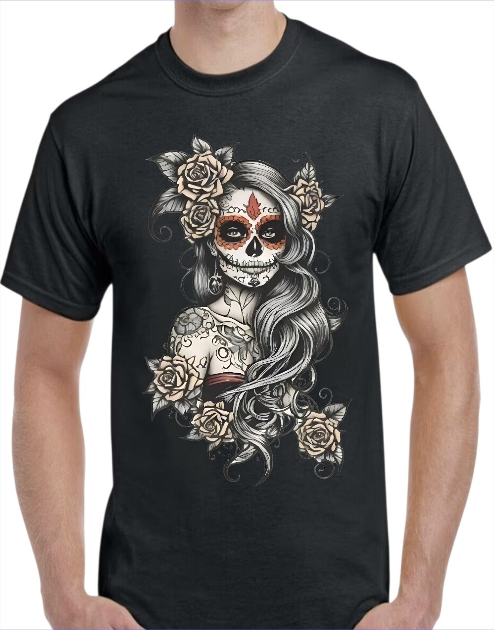 Female Sugar Skull Men’s T-Shirt White or Black or Gray Small to 3X-Large