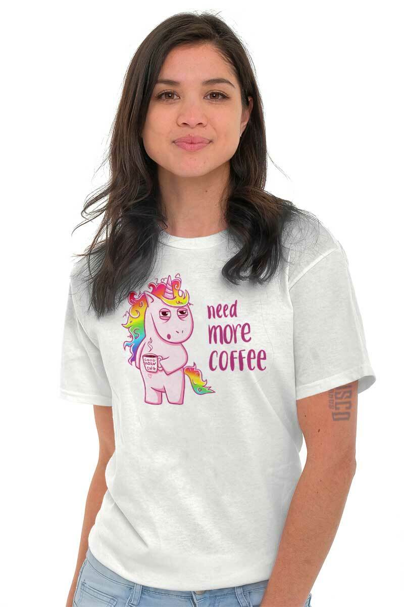 Funny Tired Unicorn Need More Coffee Joke Womens Graphic Crewneck T Shirt Tee