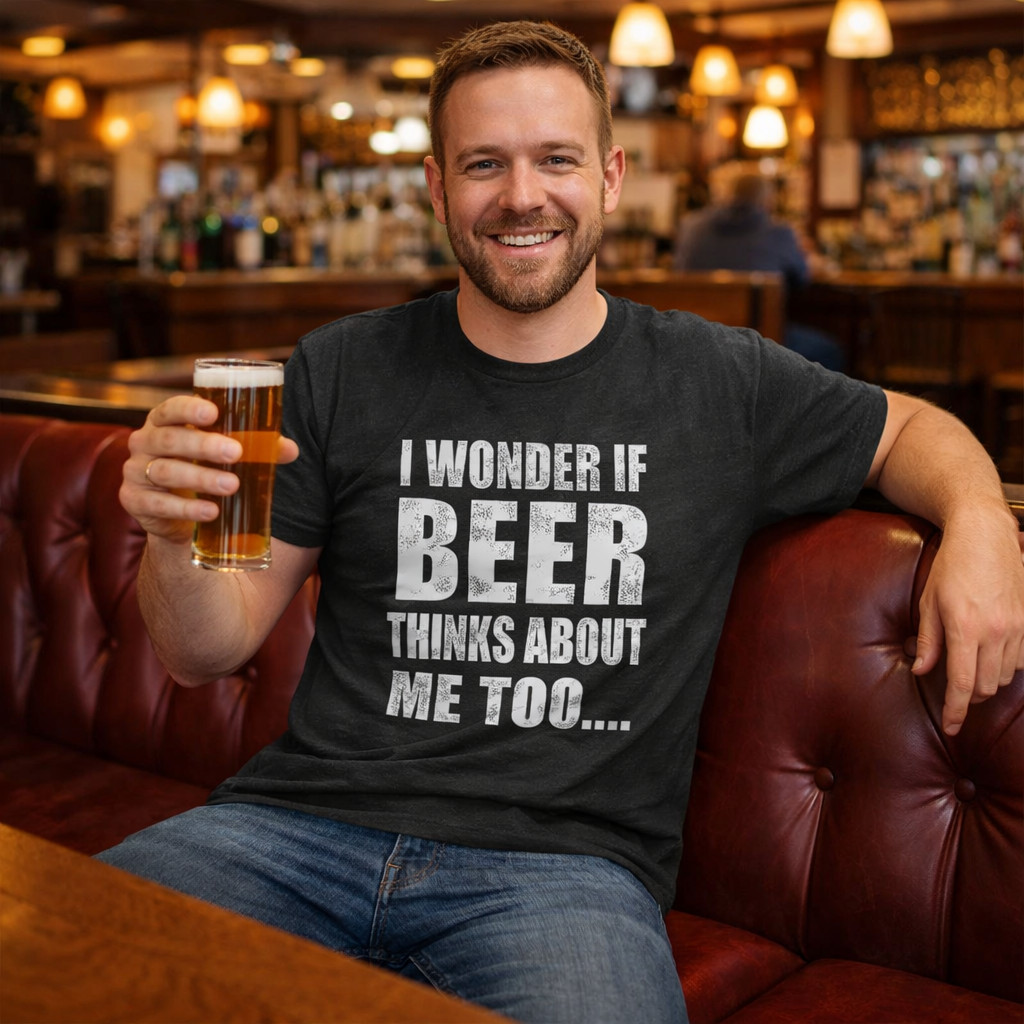 Mens I Wonder If Beer Thinks About Me Too Funny Sarcastic Drinking Tee