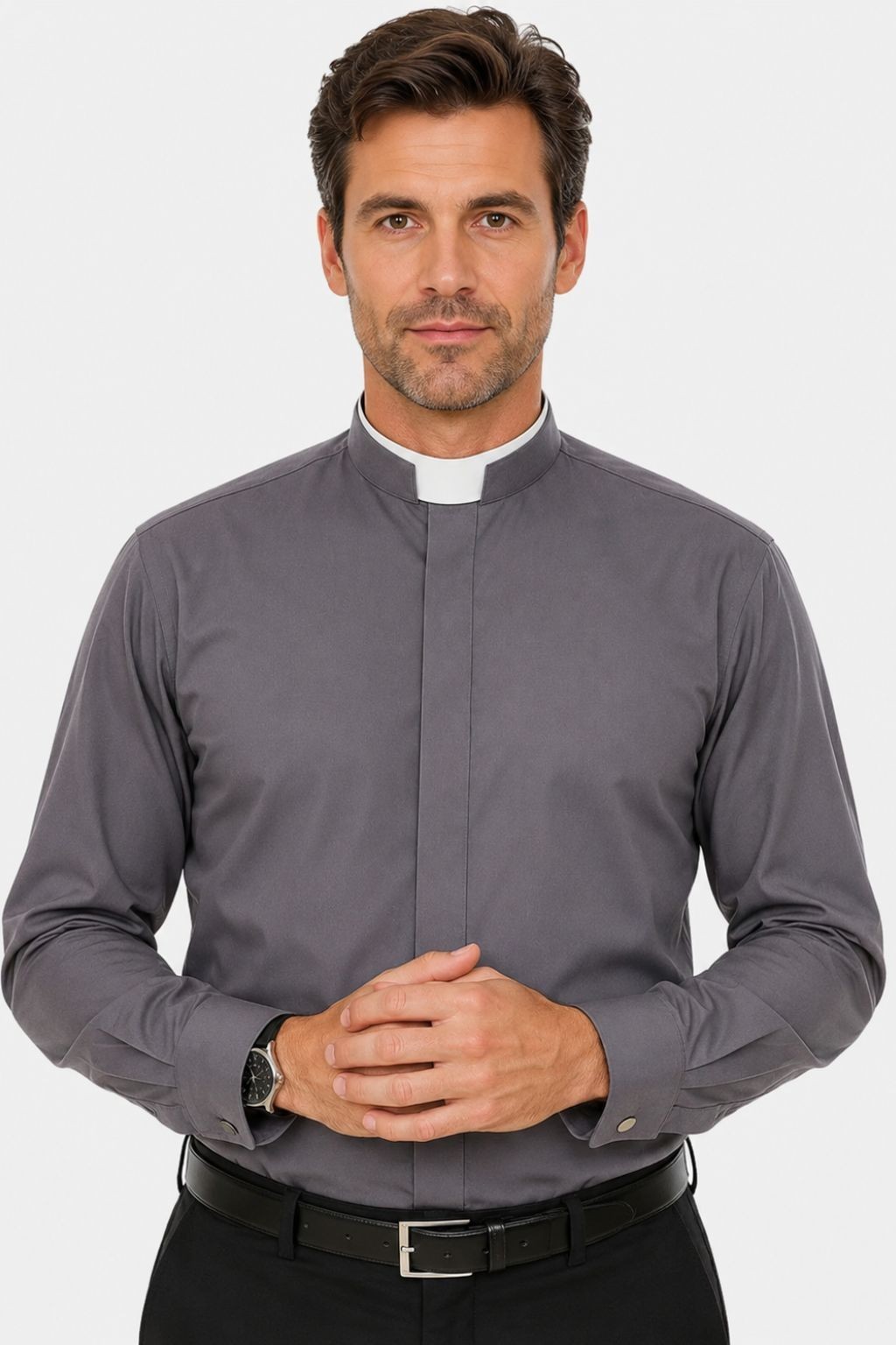 Men’s Clergy Shirt Roman Collar Long Sleeve Grey Pastor Priest Church Wear