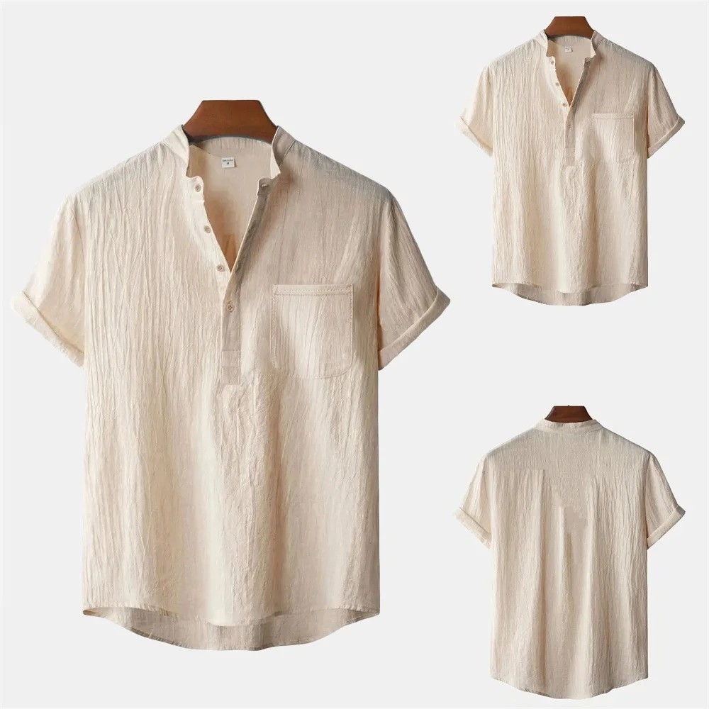 Mens Cotton Linen Henley T-Shirt Summer Beach Hawaiian Casual Short Sleeve Top