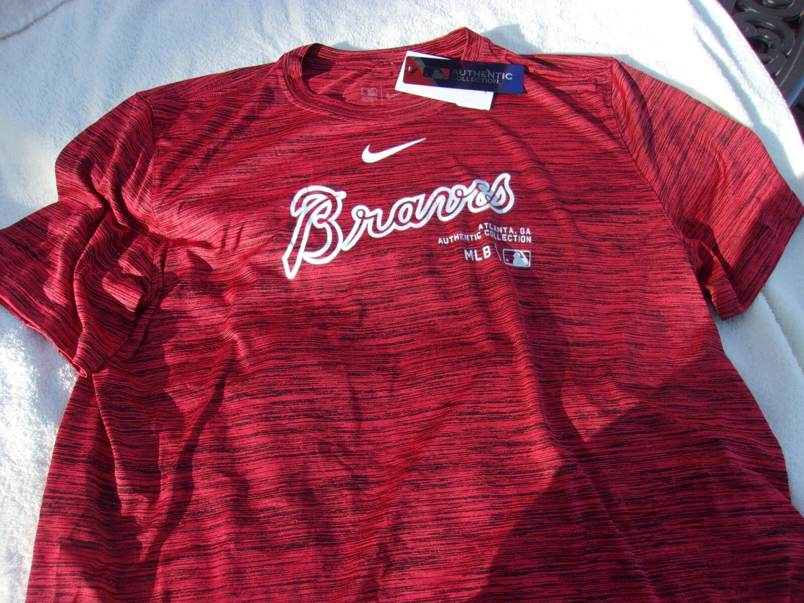 NWT Nike dri fit T, Atlanta Braves, men’s M, L, XL, heather red, poly., MLB, $40