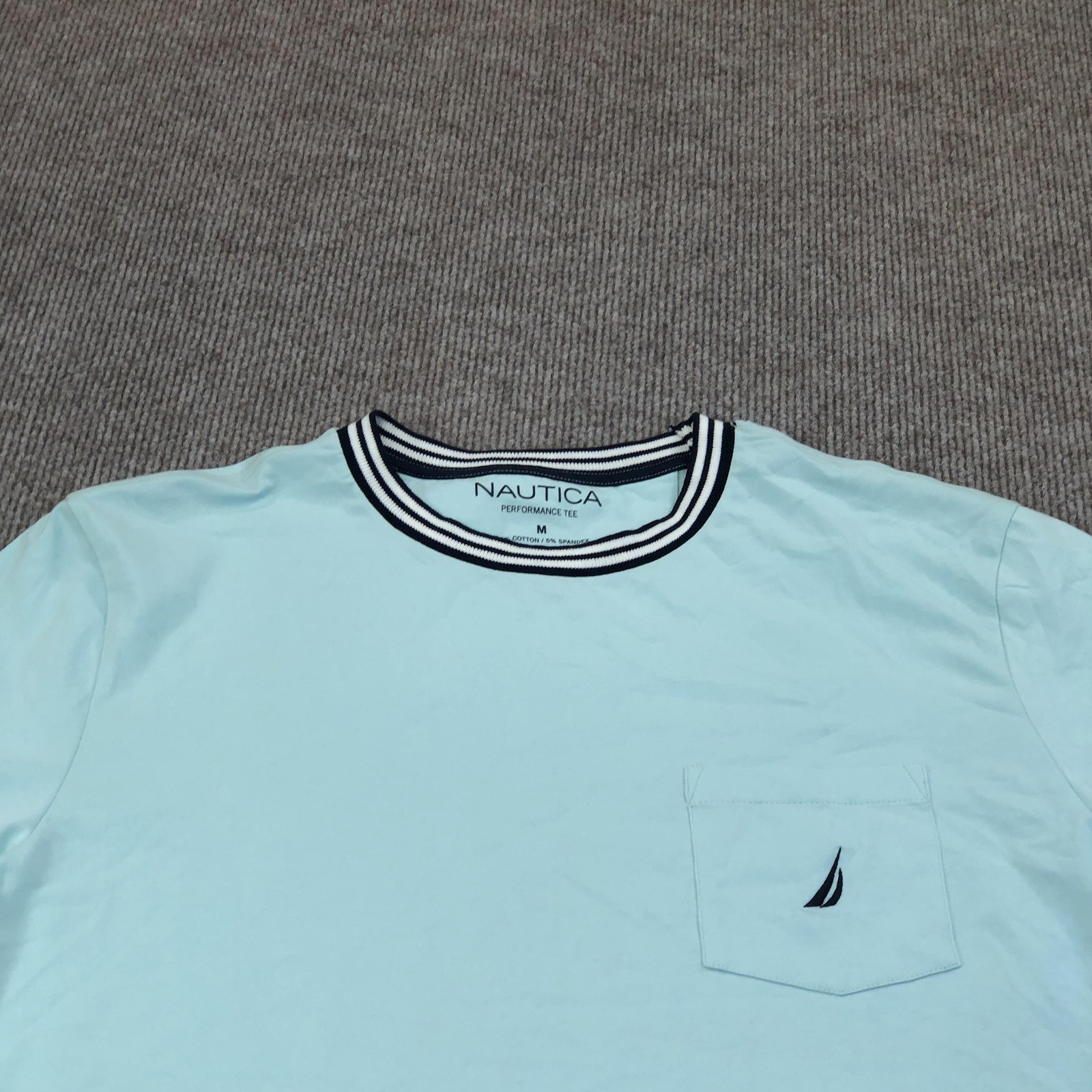Nautica Shirt Mens Medium Blue Performance Sail Logo Tee Tagless Nautical Ringer