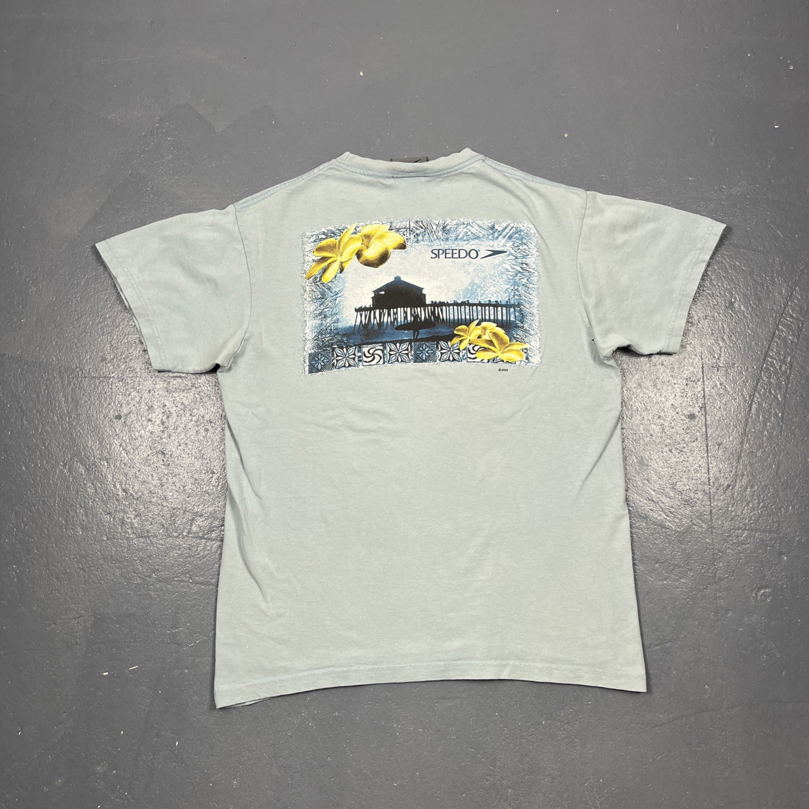 Vintage Y2K Speedo Graphic Tee Blue Large Double Sided VTG Beach Casual