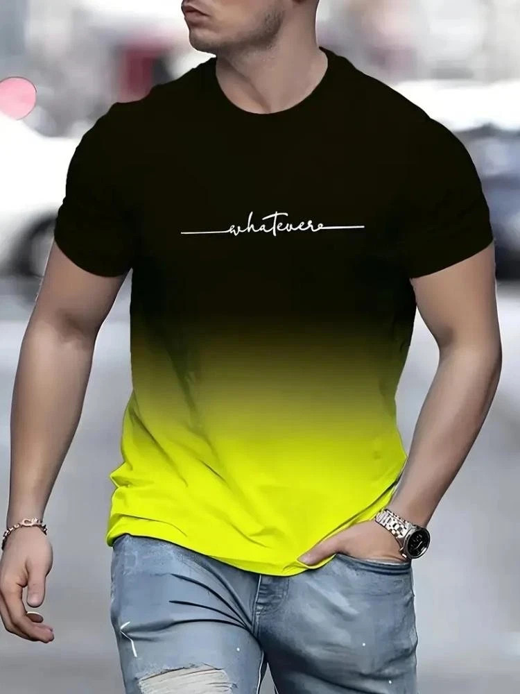 Men’s Vintage Gradient Print Casual Tee Shirt Breathable Polyester O-Neck