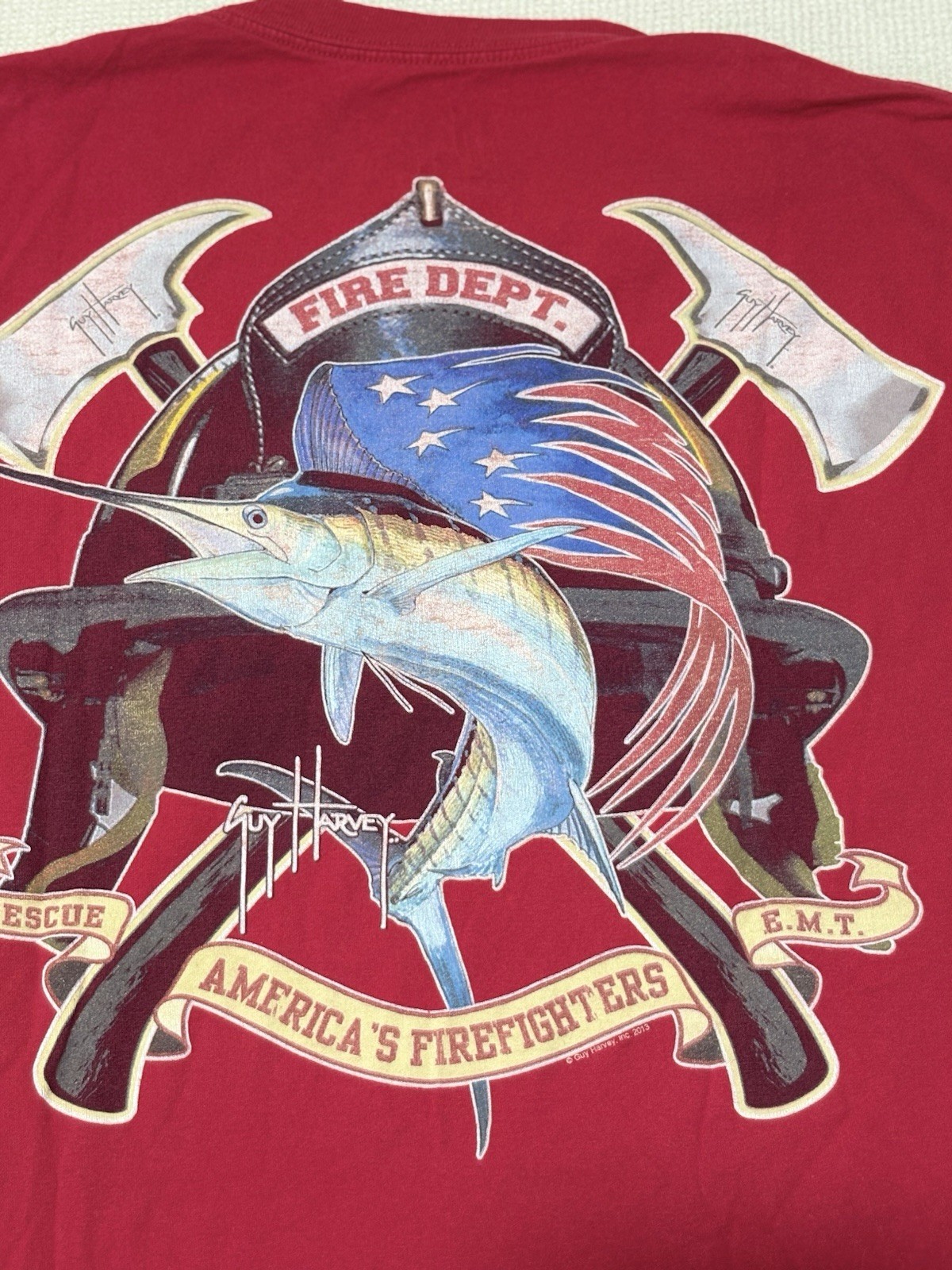 Guy Harvey BlueWater Firefighter Fire Department Swordfish Pocket T Shirt Size M