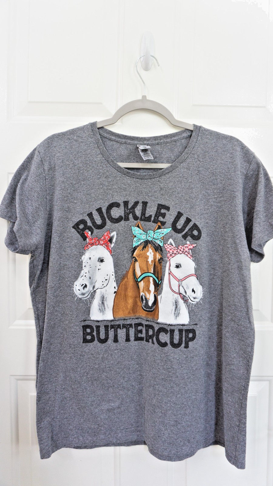 XL Graphic T-Shirt Gray Horses Buckle Up Buttercup Rodeo Ranch Novelty