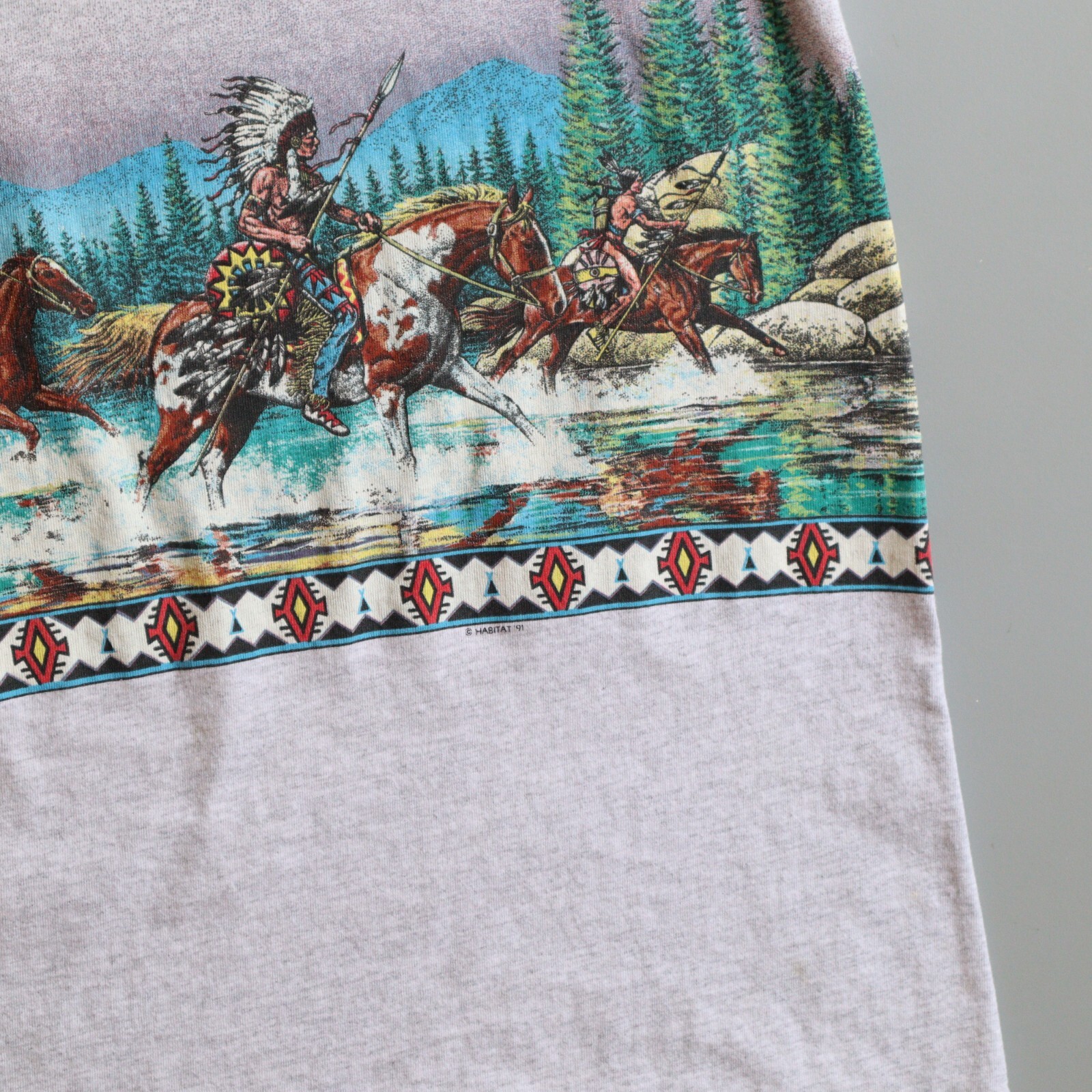 Vintage Cherokee NC Native Indian Graphic T Shirt Mens XL AOP Habitat Gray