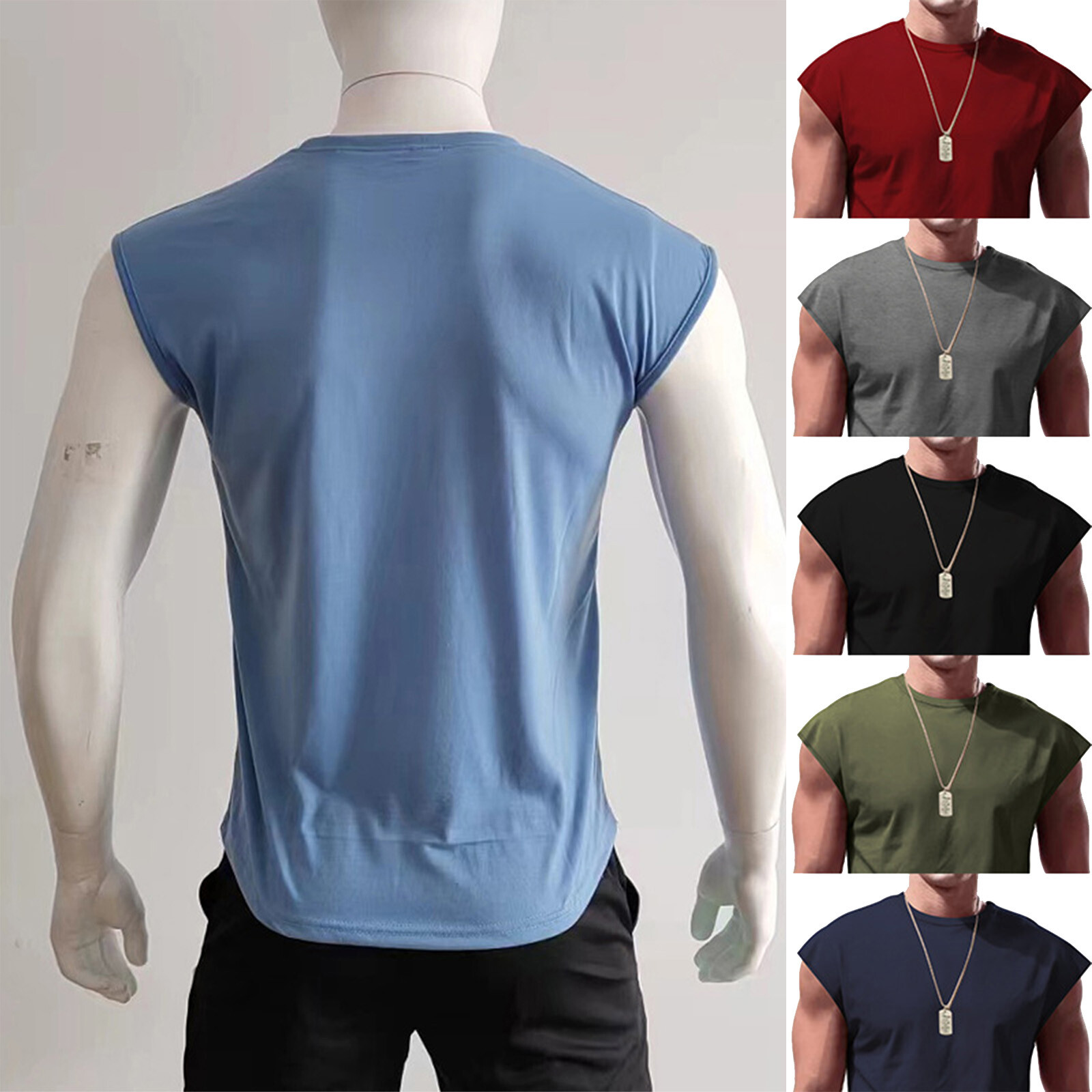 Mens Workout Tank Top Sleeveless Round Neck Gym Bodybuilding Cut Off T Shirts