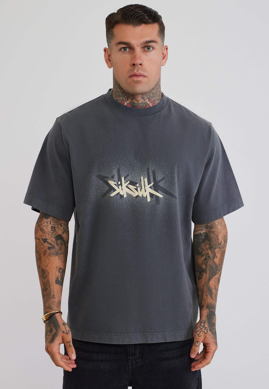 SikSilk Men’s Oversized Fit Drop Shoulder Graphic T-Shirt Tee Grey