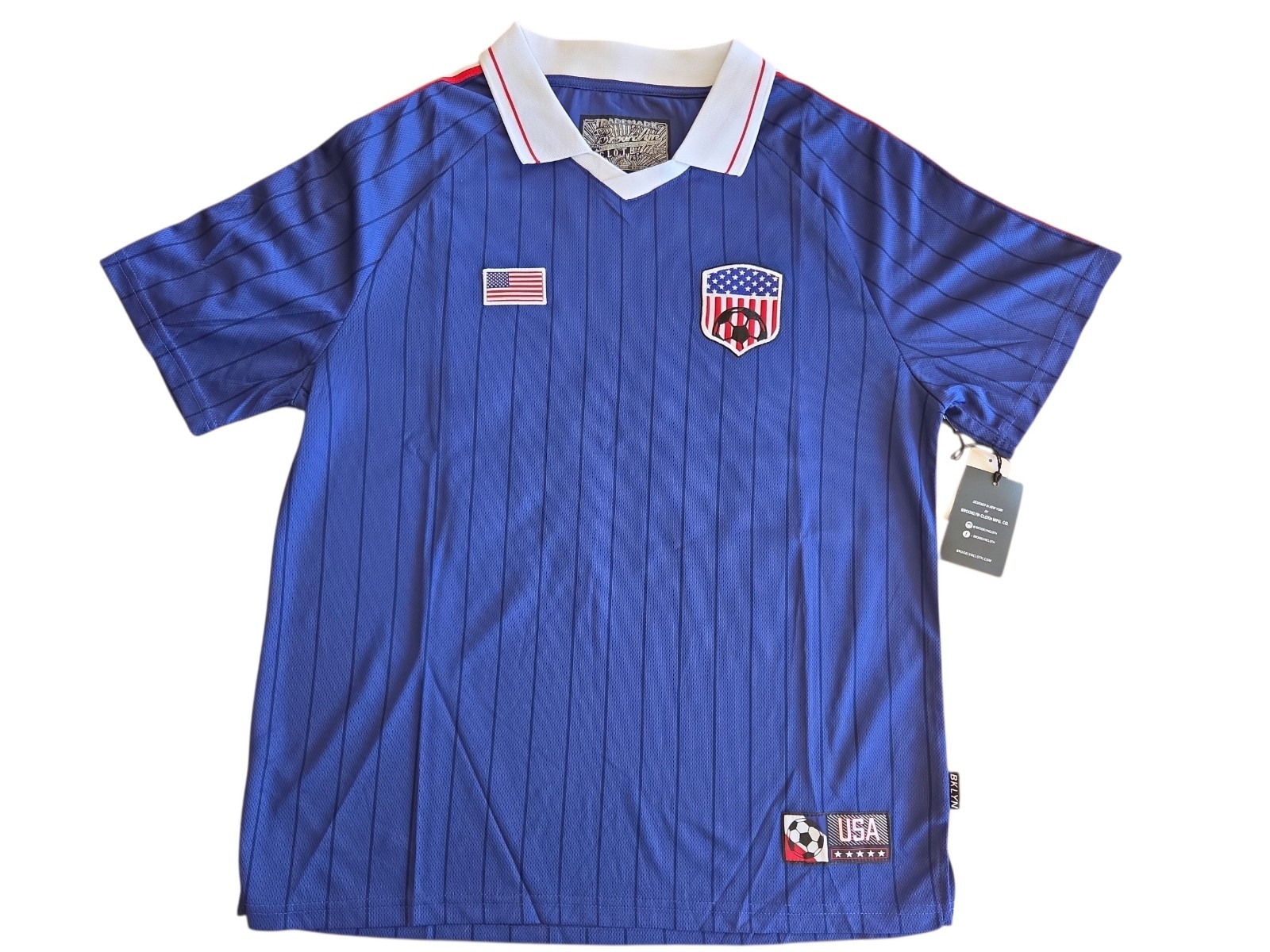 NWT Brooklyn Cloth USA Soccer Jersey Men’s L, Retro Pinstripe Collar Shirt