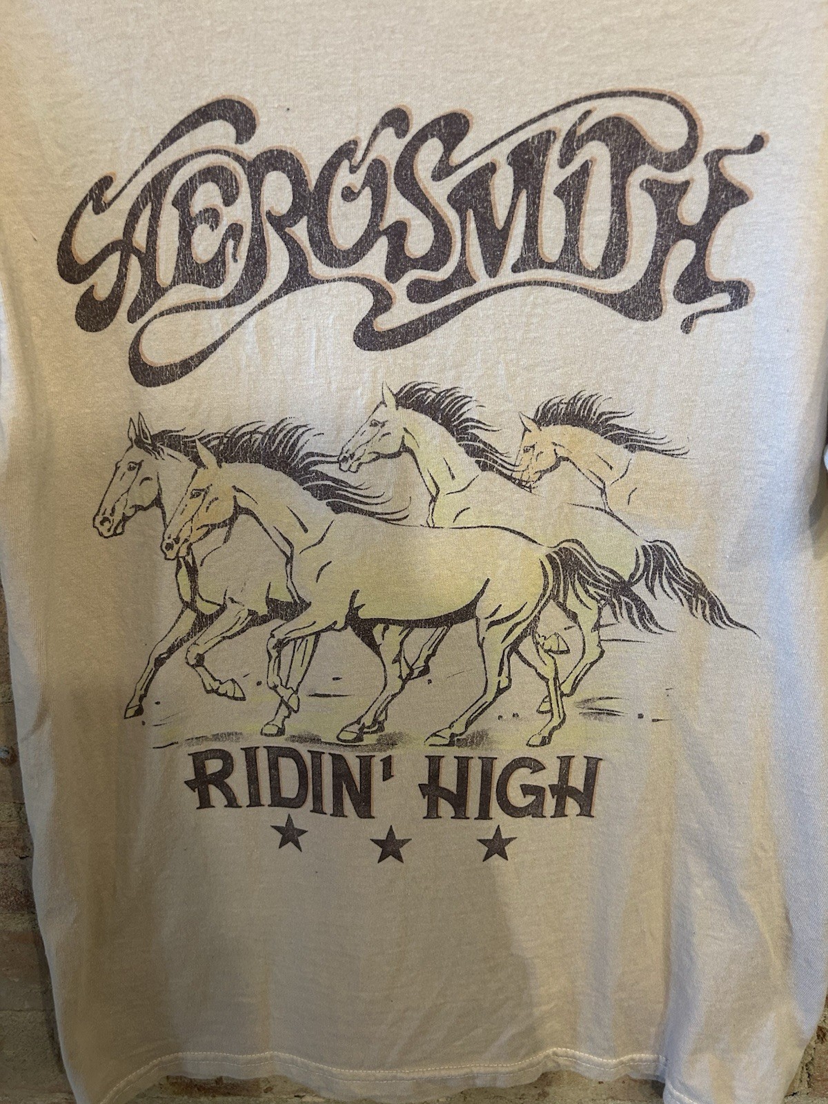 Aerosmith Ridin’ High T-Shirt Size Small 38” Beige Graphic Print 100% Cotton