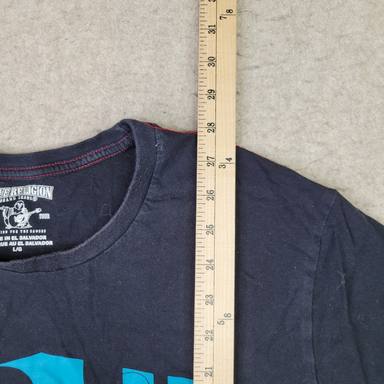 True Religion World Tour T Shirt Mens L Black Short Sleeve Blue Logo Spellout
