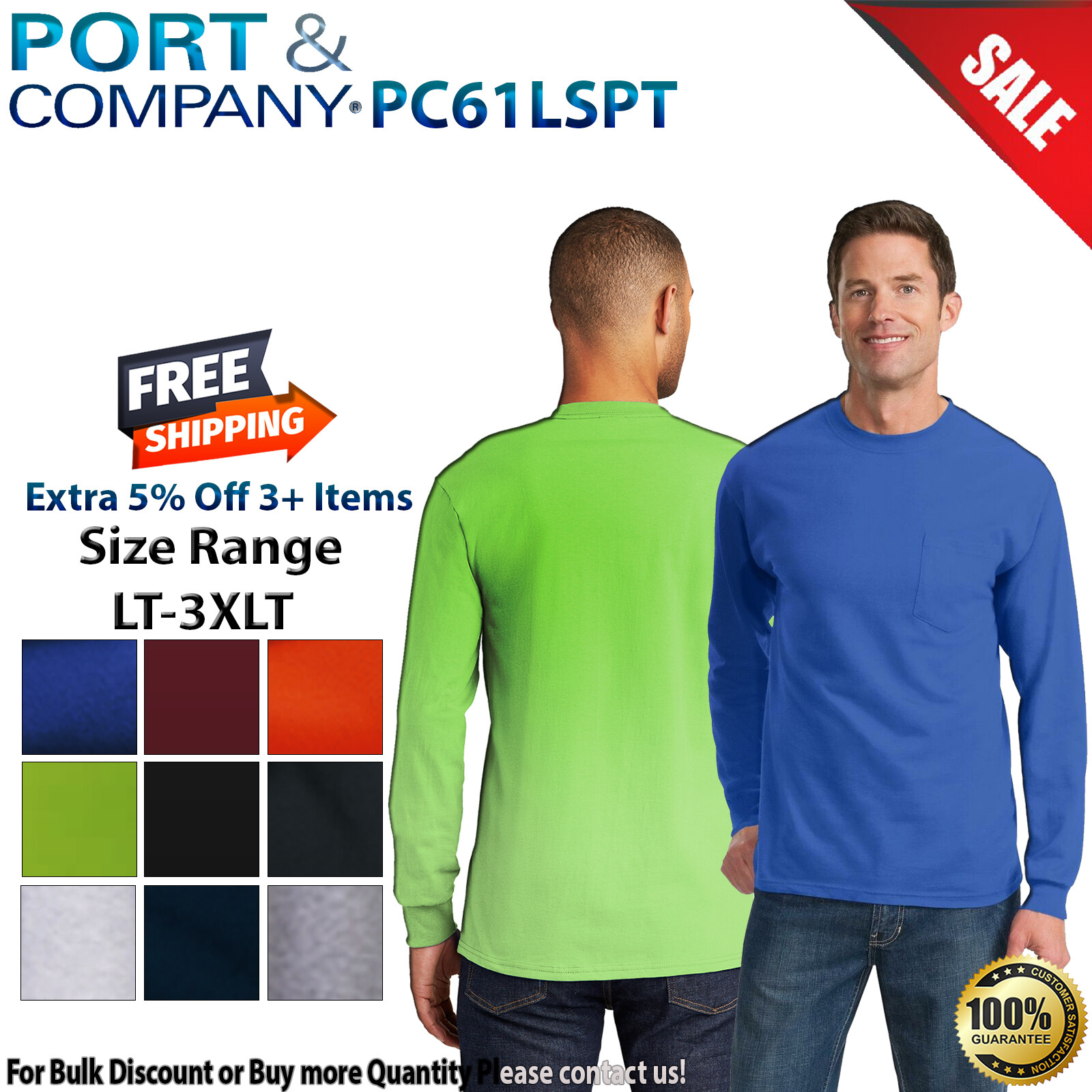 Port & Company PC61LSPT Mens Big & Tall Long Sleeve Essential Pocket T-Shirt