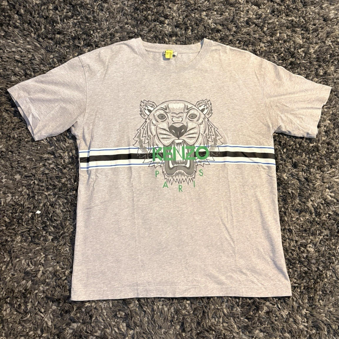 KENZO Men’s Gray Tiger Logo Graphic Print Crew Neck Short Sleeve Tee Cotton L