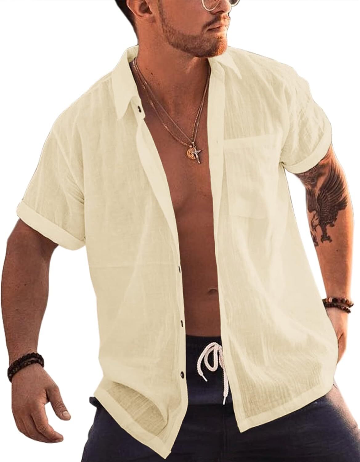 Men’s Short Sleeve Button-Up Linen Cotton Beach Shirt – Spread Collar Tops