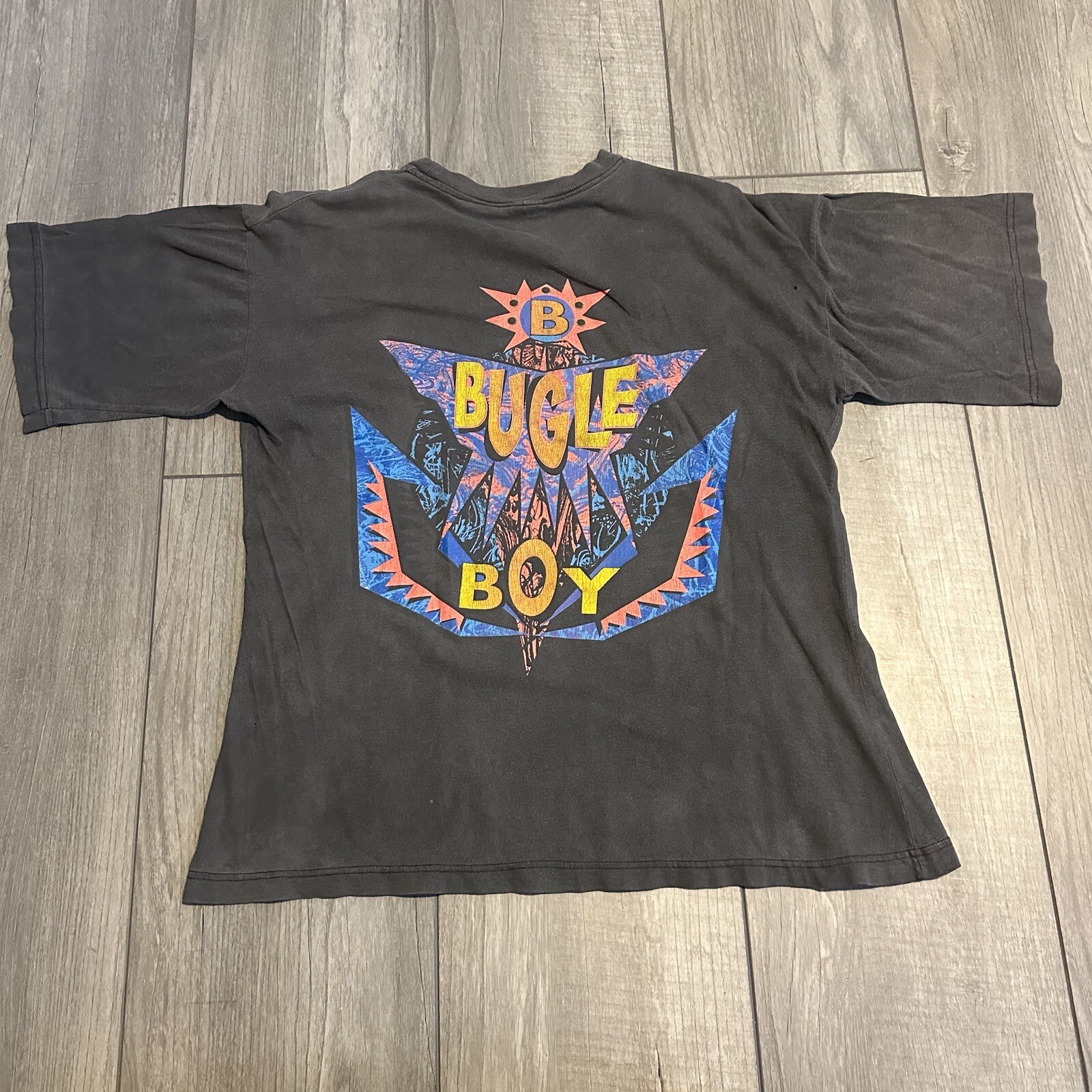 Vintage Bugle Boy Shirt Medium Single Stitch Sun Faded Gradient Neon Rainbow 90s