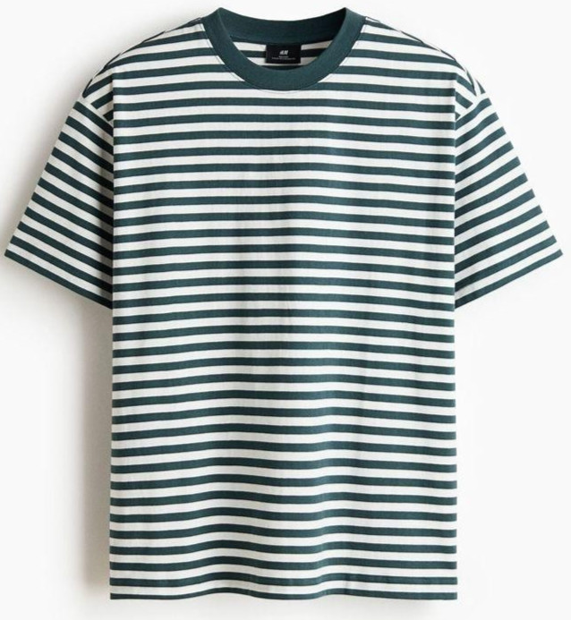 H&M Shirt Mens Medium Green White Striped Relaxed Fit Crewneck Cotton Jersey Tee