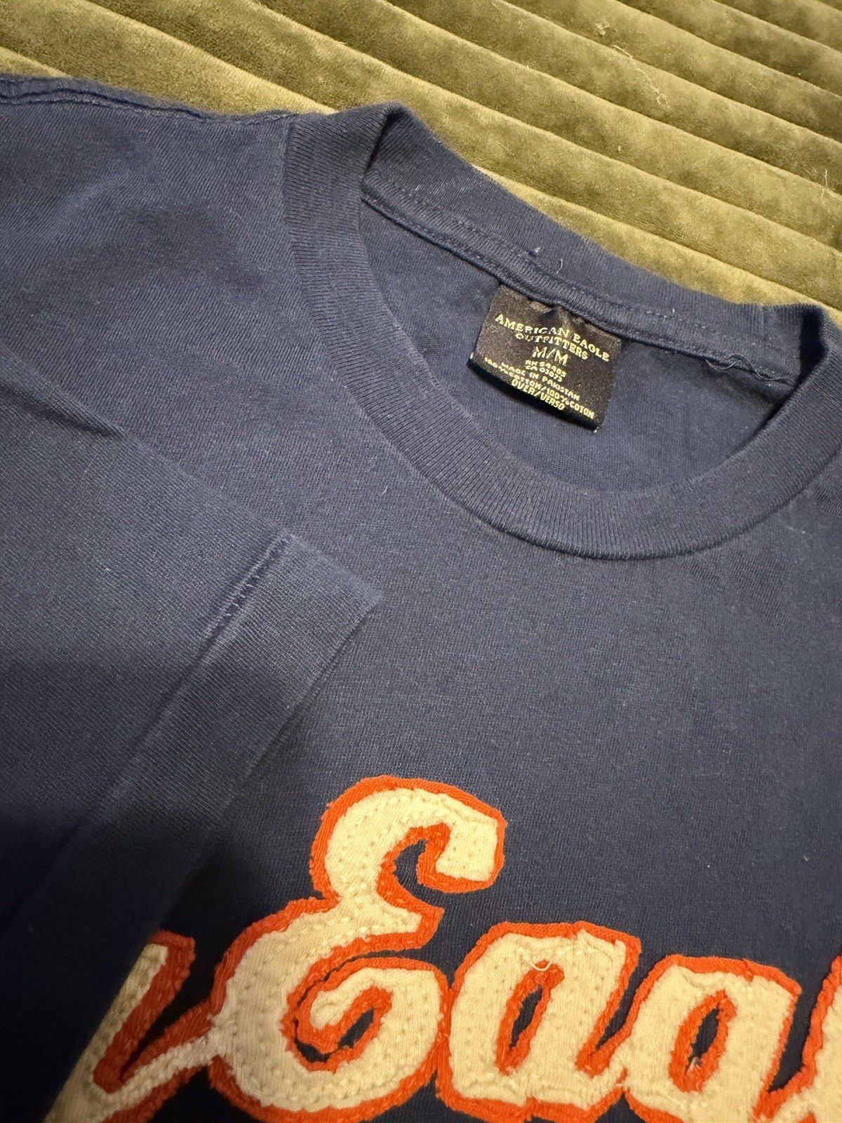 Vintage American Eagle Embroidered Spellout T-Shirt Blue Medium Men’s