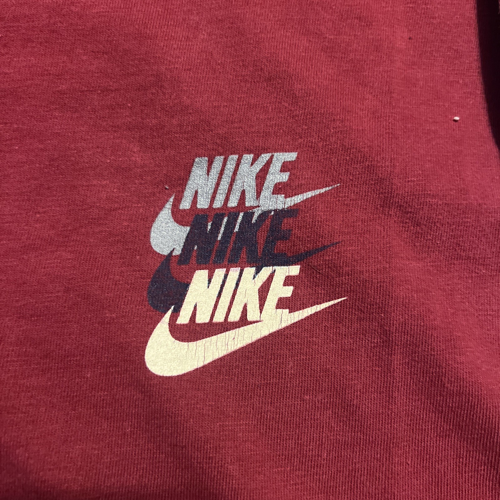 Vintage 80s Maroon Nike Multiple Tri Logos Long Sleeve Blue Tag Shirt Swoosh XL