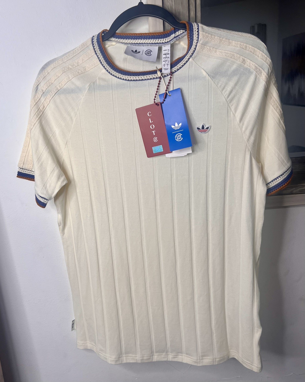 New Adidas Originals CLOT Shirt Mens S Cream Knit Collar Tee