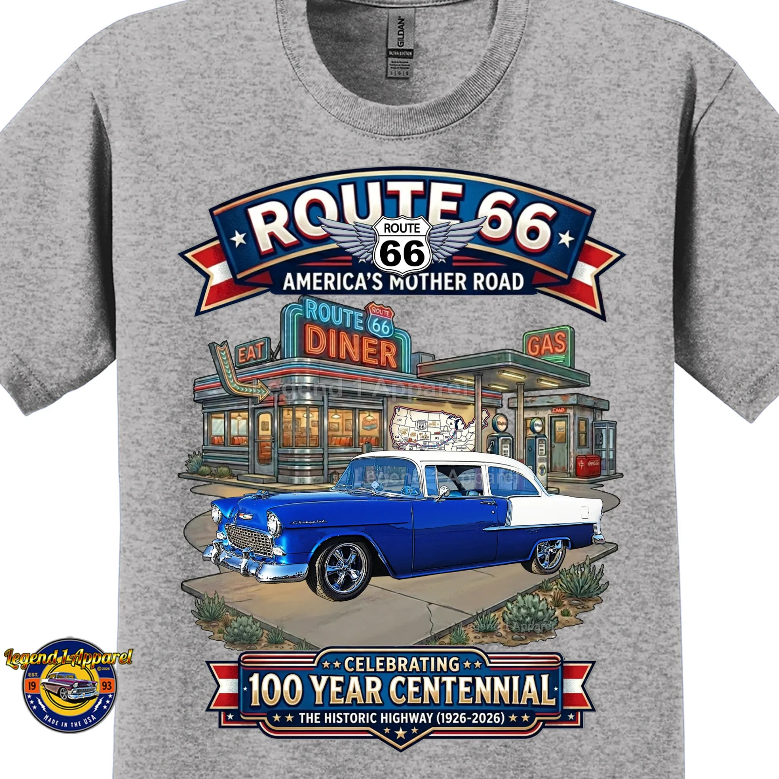 Route 66 100 Year Centennial, 1955 Chevrolet Bel Air Coupe T-Shirt