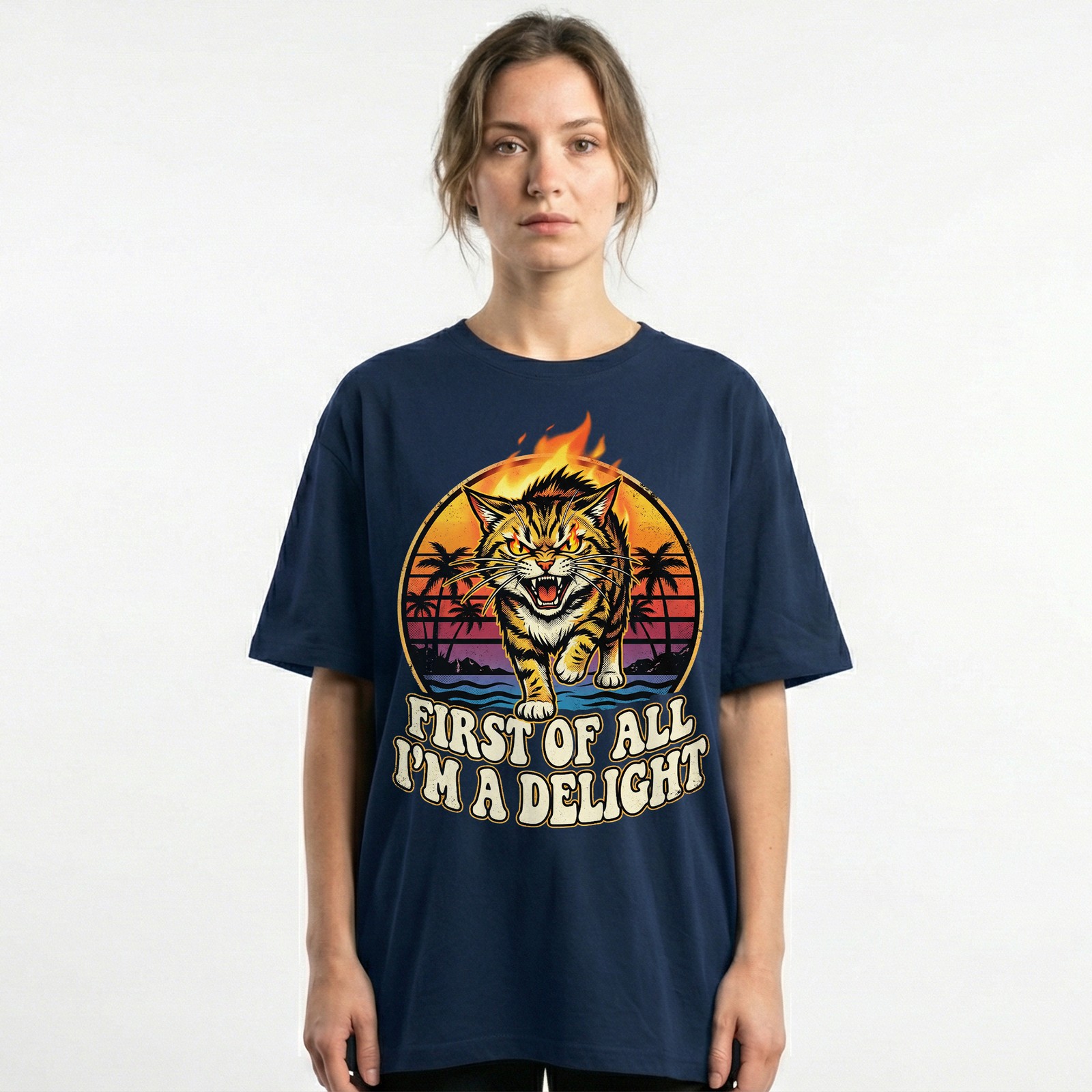 Angry Tiger Fire Eyes Tropical Beach Tee Retro Sunset Palm Trees T-Shirt
