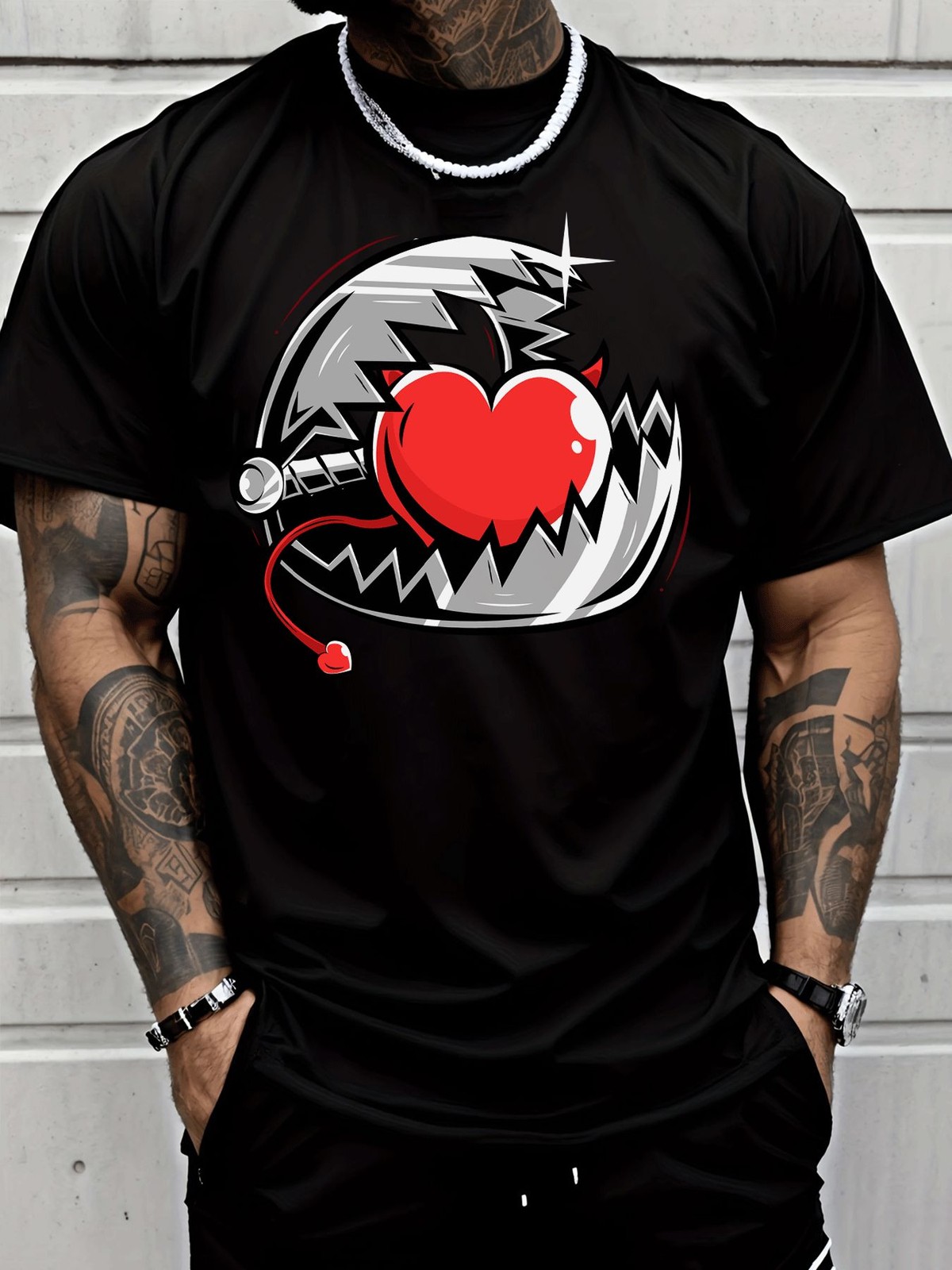 Street Style T-Shirt with Red Heart Devil Horns Tail Star Broken Circle Graphic