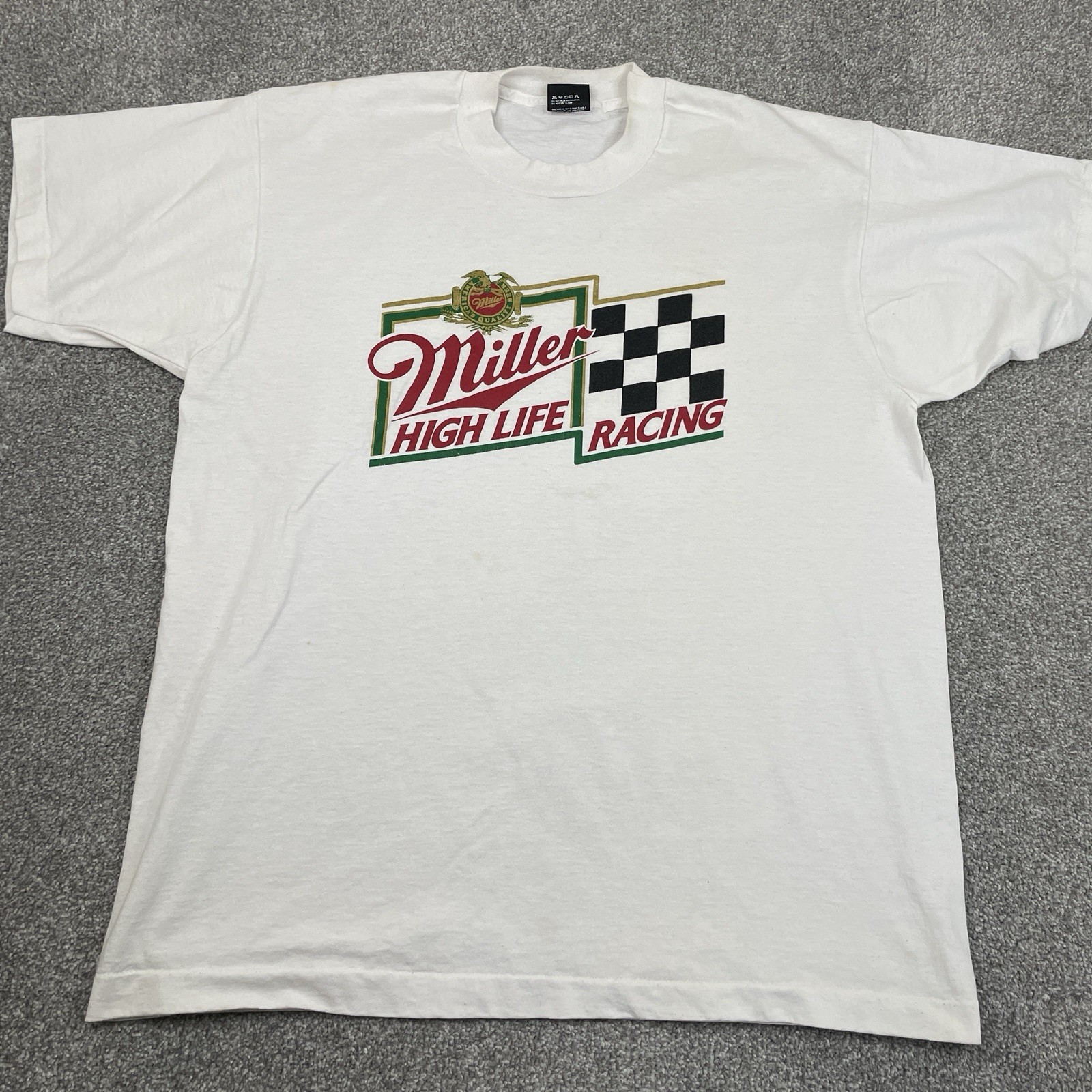 Vintage 80s Miller High Life Racing T Shirt Mens XL (Fits L) Beer USA Bartender