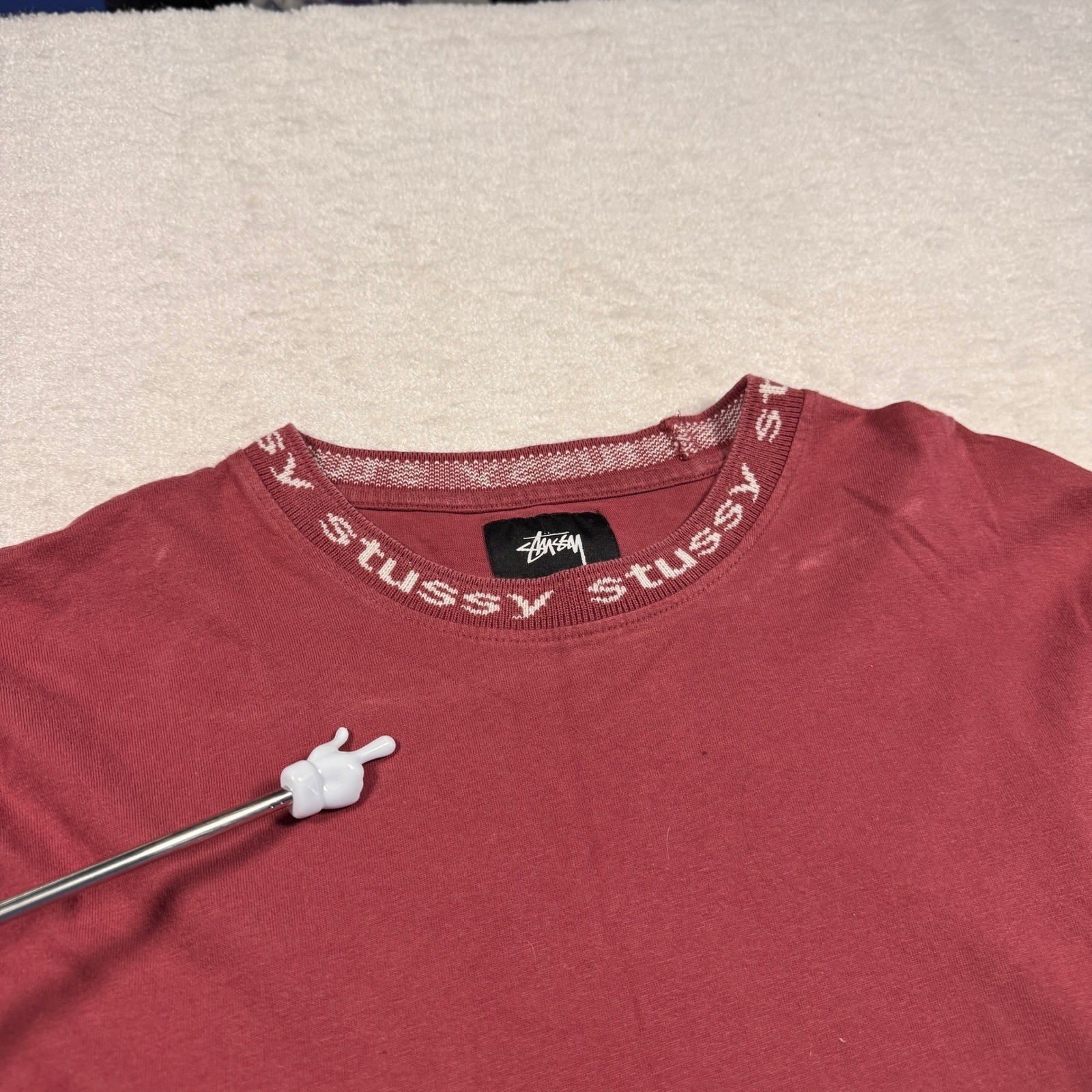 Stussy Mens Long Sleeve Logo Ribbed Collar T-Shirt Burgundy Red Size Small