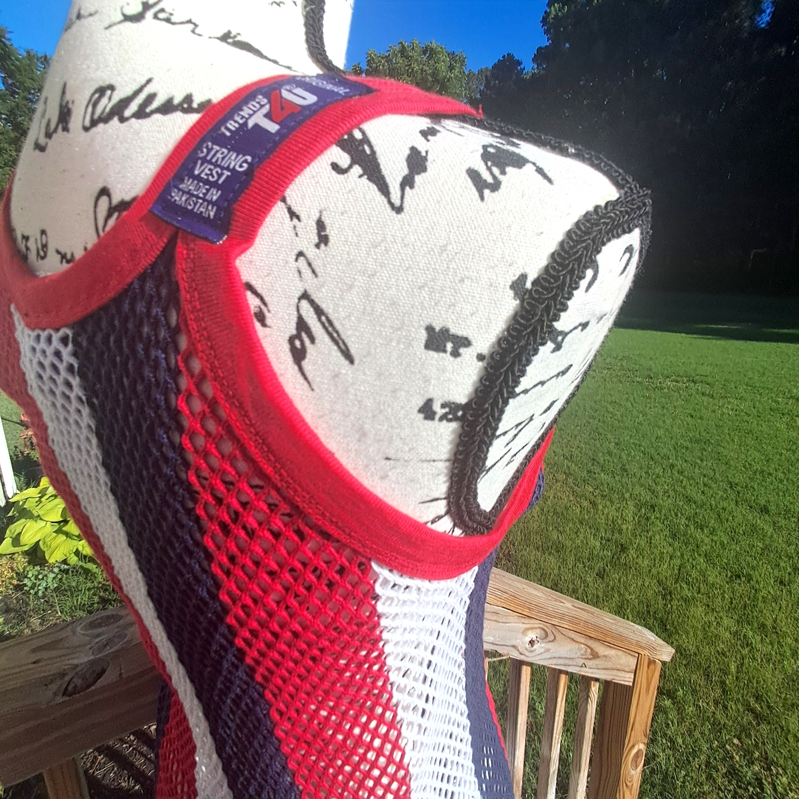 Vintage Trends String Vest Mesh Fishnet Tank Top Dress Large Patriotic USA Flag