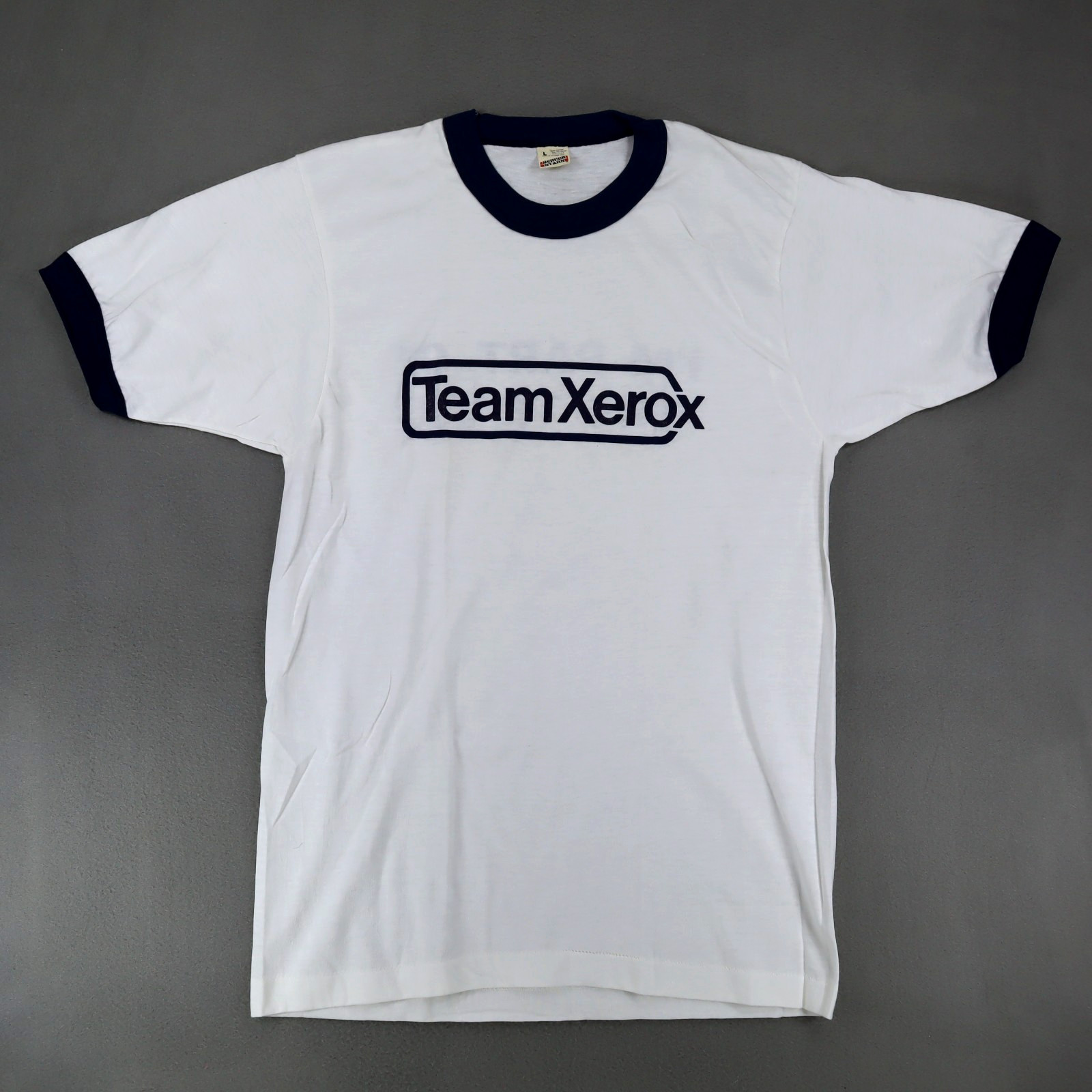 Vintage 70s Team Xerox Ringer T Shirt Size L USA Made Screen Stars White Retro