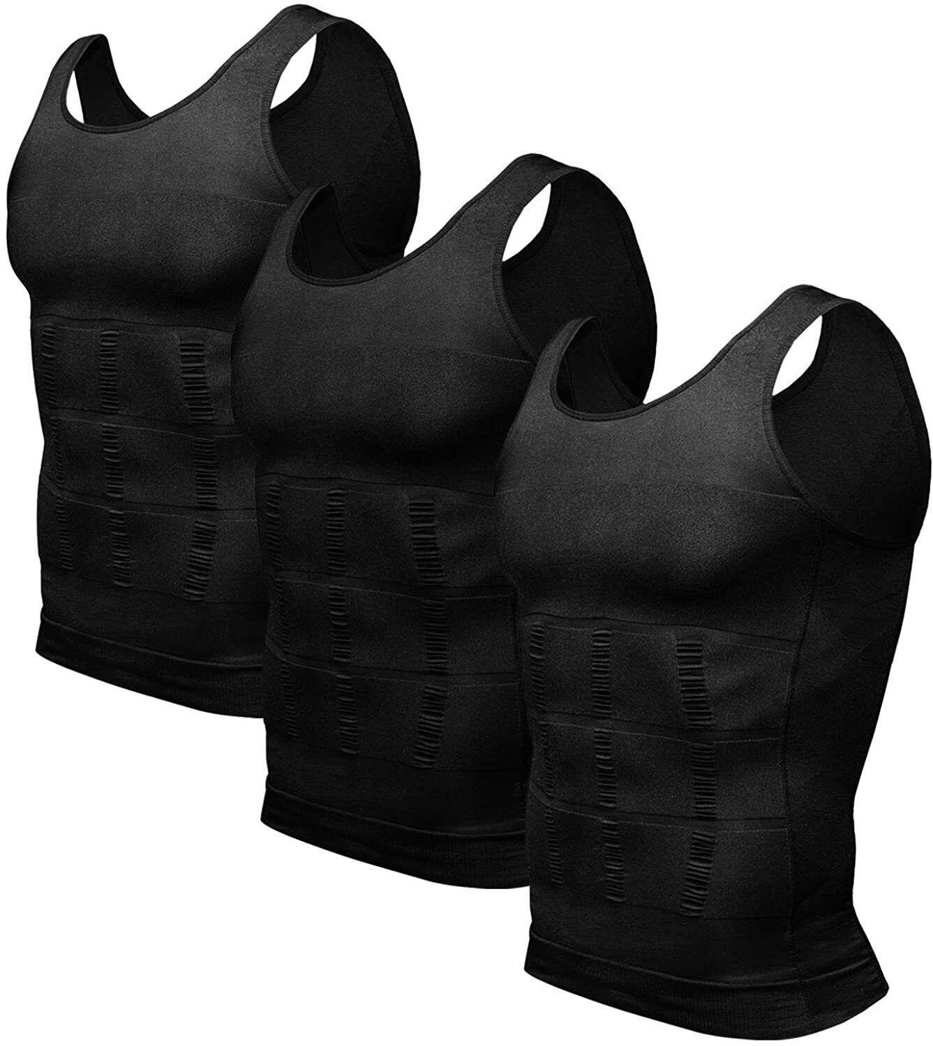 Men’s 3 Pack Compression Shirt Slimming Body Shaper Vest Gym Workout Tank Top