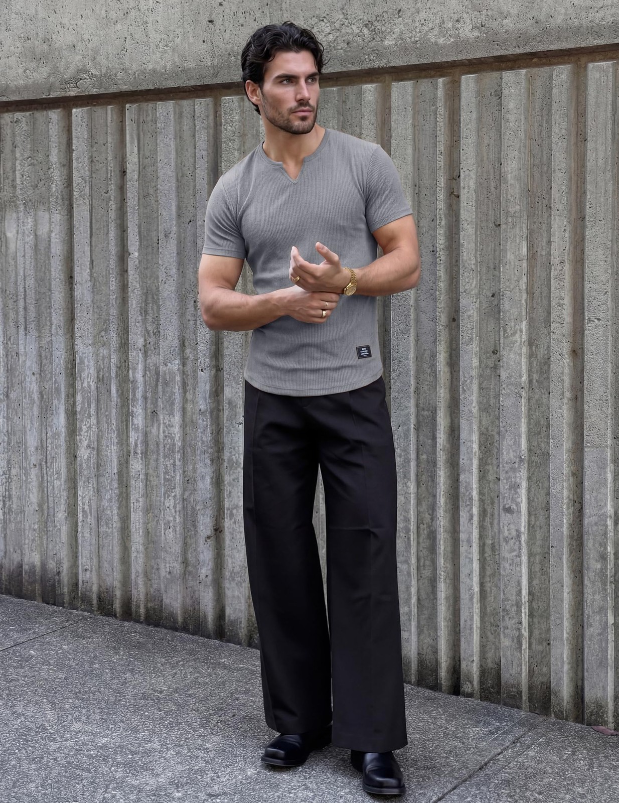 Mens Muscle Slim T Shirts Texture V Neck Longline Henley Gym Workout Athletic…