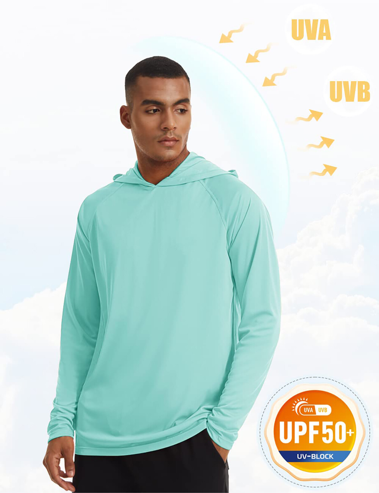 UPF50+ Mens Outdoor Fishing Hoodie Sun Block Skin Protection Long Sleeve T-Shirt
