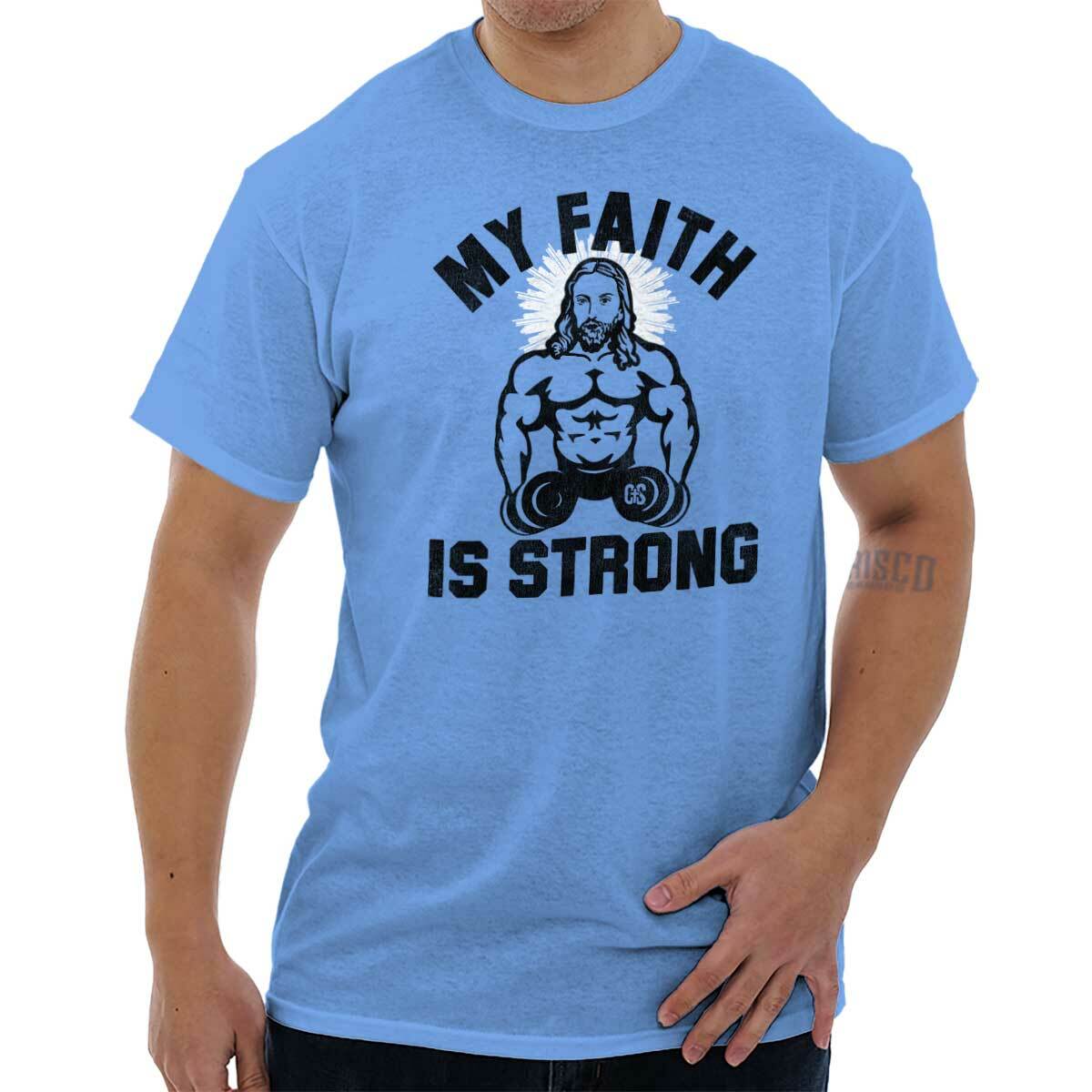 Faith Strong Reps For Jesus Cool Gym Workout Womens or Mens Crewneck T Shirt Tee
