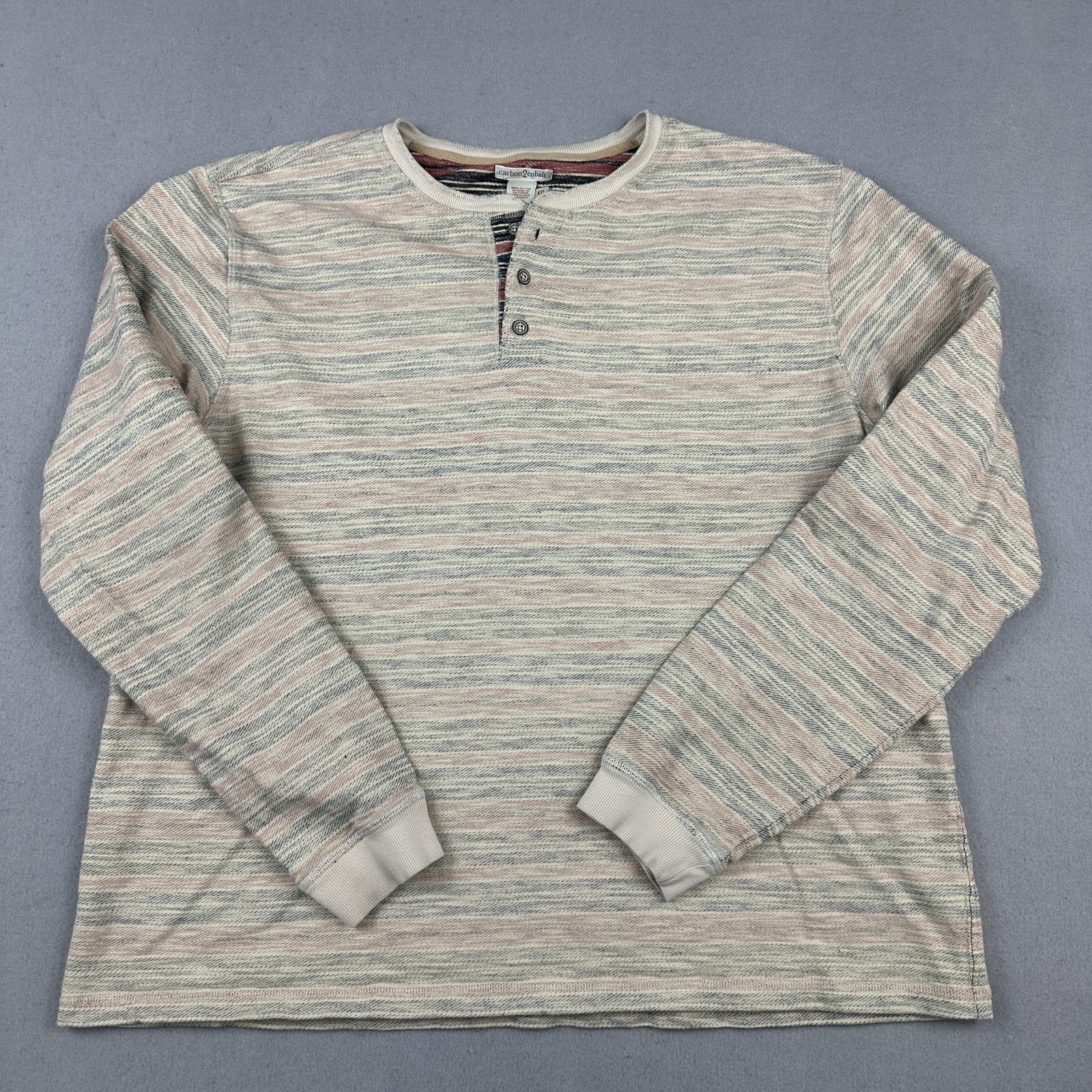 Carbon2Cobalt Shirt Men 2XL Beige Striped Henley Long Sleeve Knit Pullover XXL