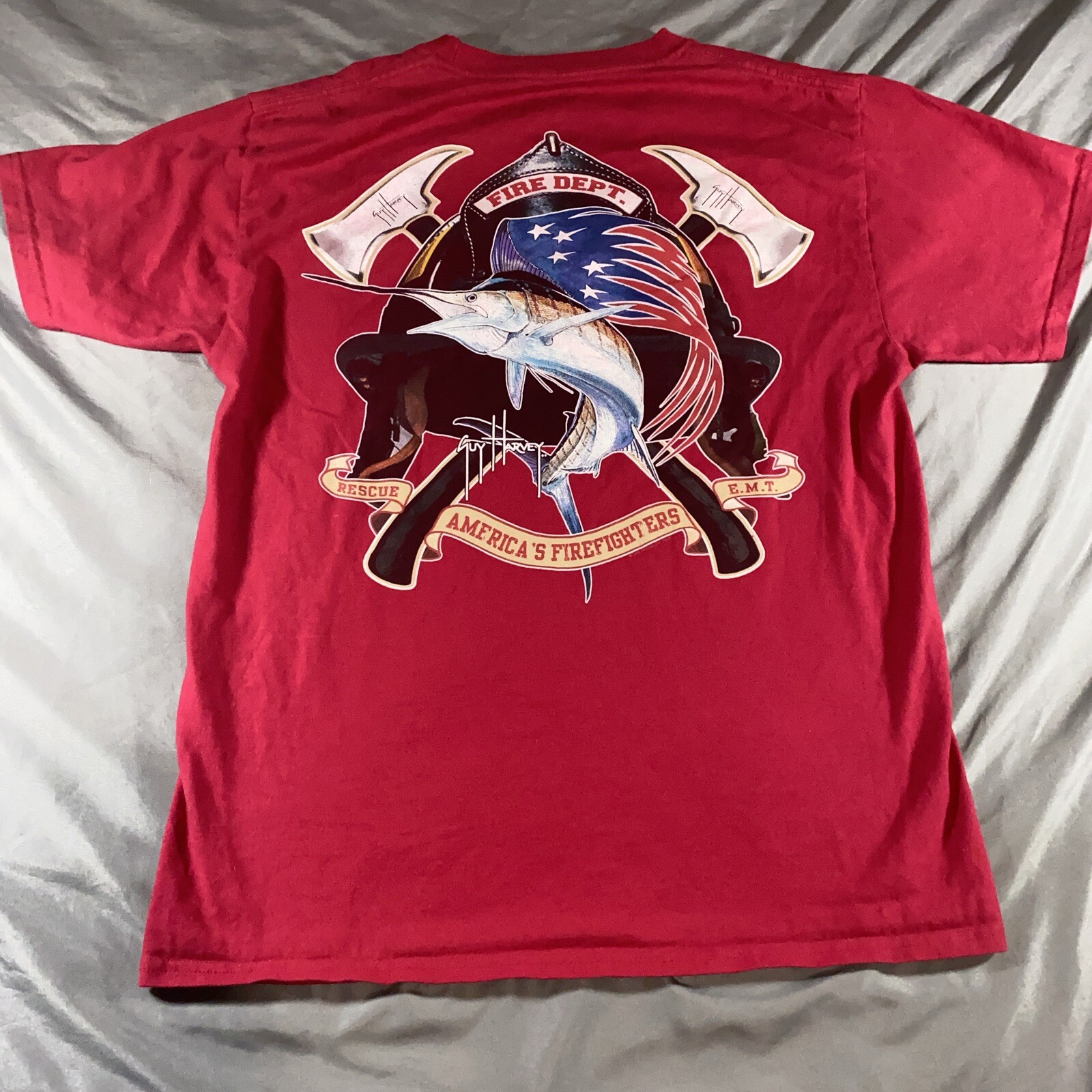 Guy Harvey BlueWater Firefighter Fire Department Swordfish Pocket T Shirt Size M