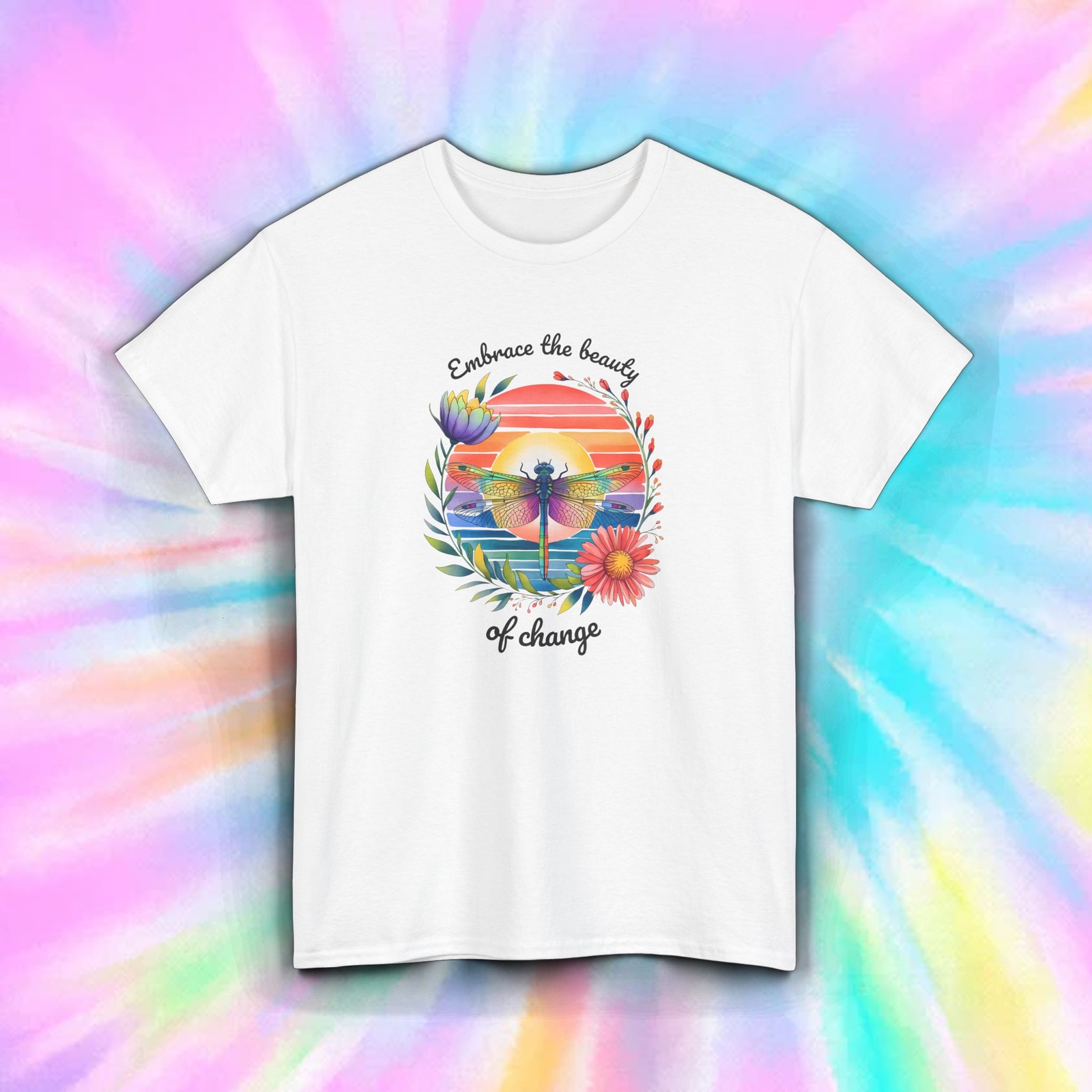Embrace Change Dragonfly Shirt Nature Sunset Floral Positive Tee S-5XL