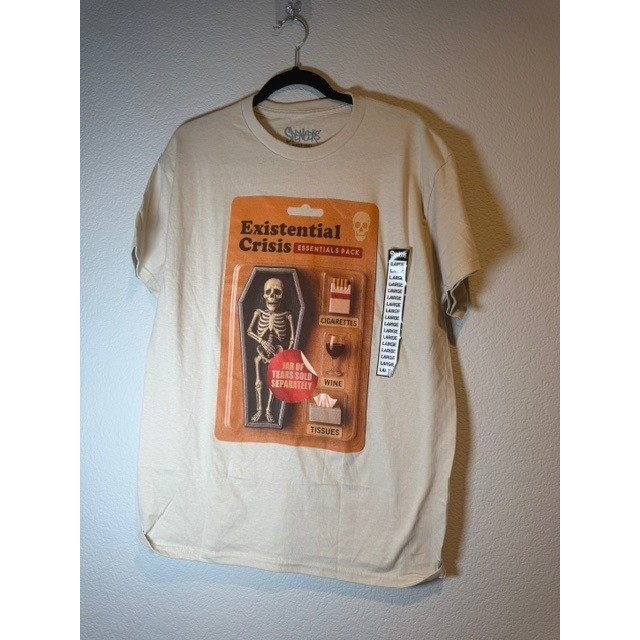 Spencers Existential Crisis Essentials Pack Graphic Tee Tan Mens Large NWT