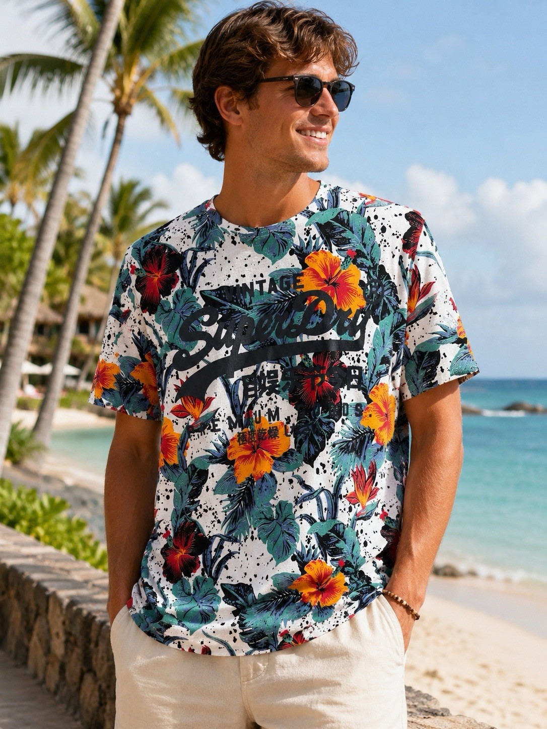 SuperDry Tropical Floral Graphic T Shirt- MED.-Hawaiian Summer Beach Casual Tee