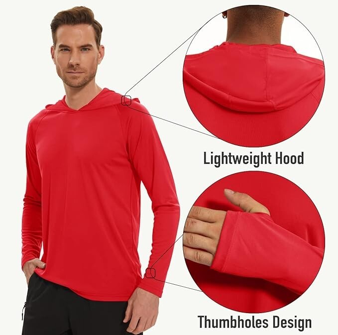 MAGCOMSEN Men’s Hooded UPF 50+ Sun Protection T Shirts Long Sleeve Athletic Fish