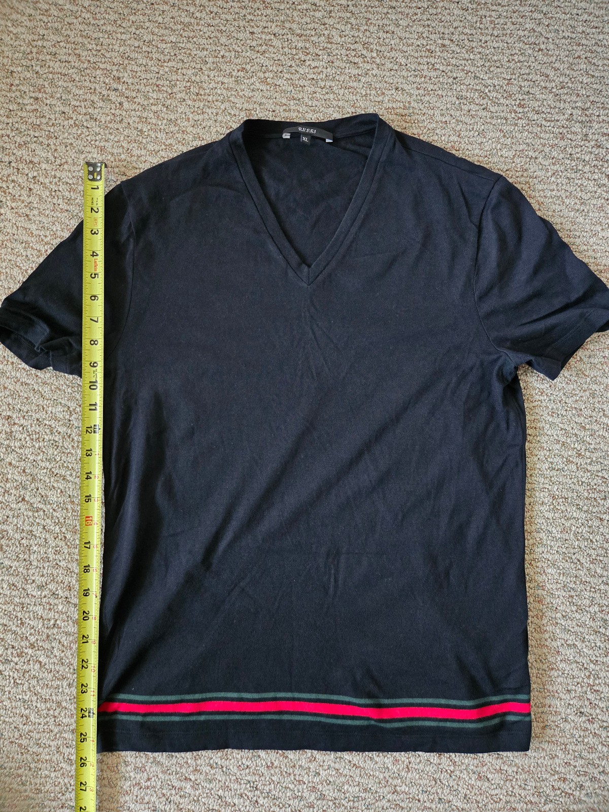 Gucci Shirt Mens XL Black V Neck Web Stripe Bottom Hem Knit Top Italy Authentic