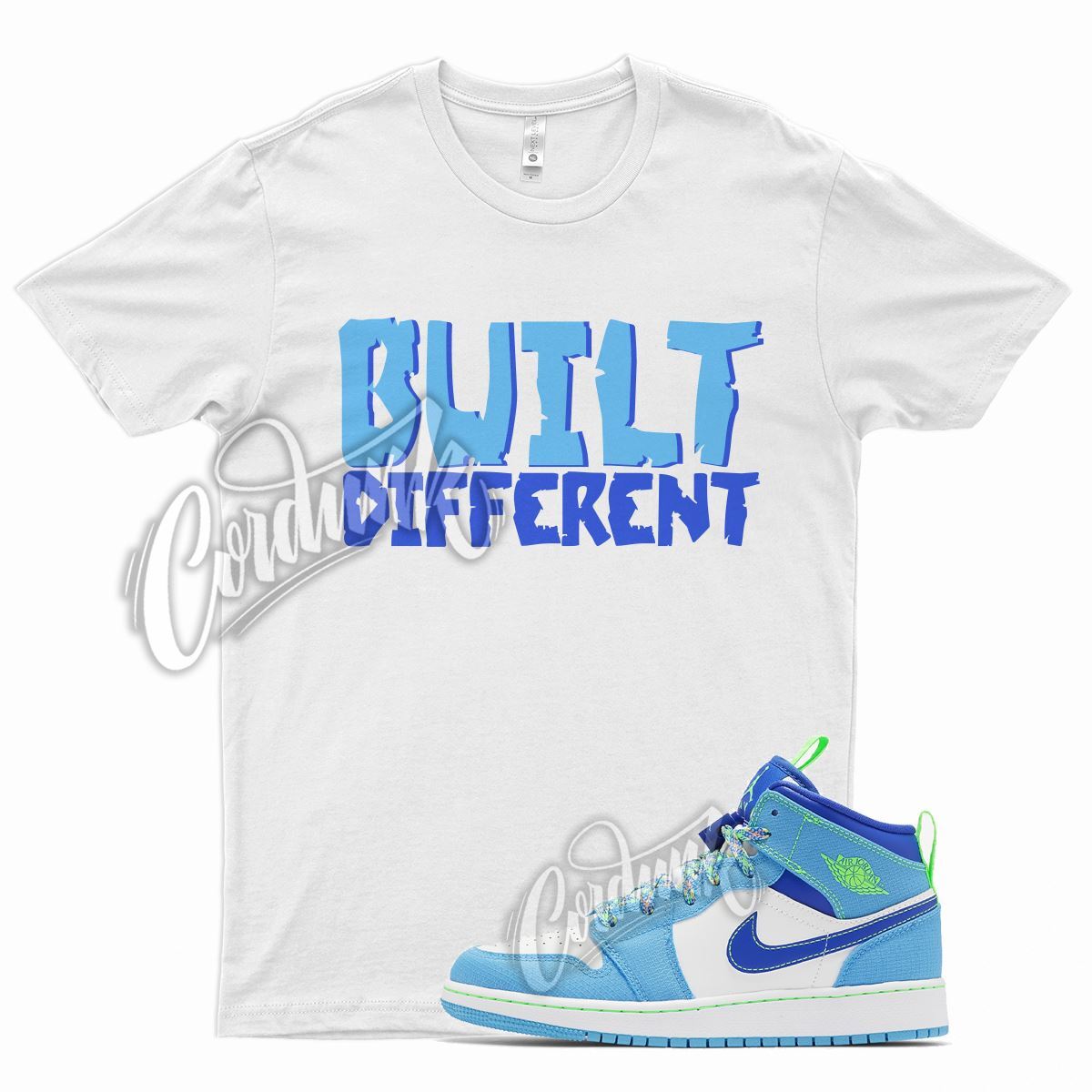 White BUILT T Shirt for Air J1 1 Mid SE Dark Powder Blue Green Racer