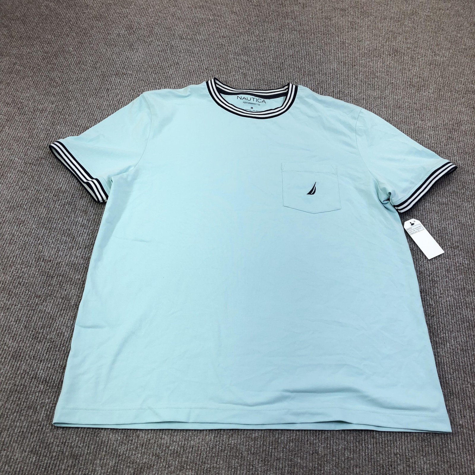 Nautica Shirt Mens Medium Blue Performance Sail Logo Tee Tagless Nautical Ringer