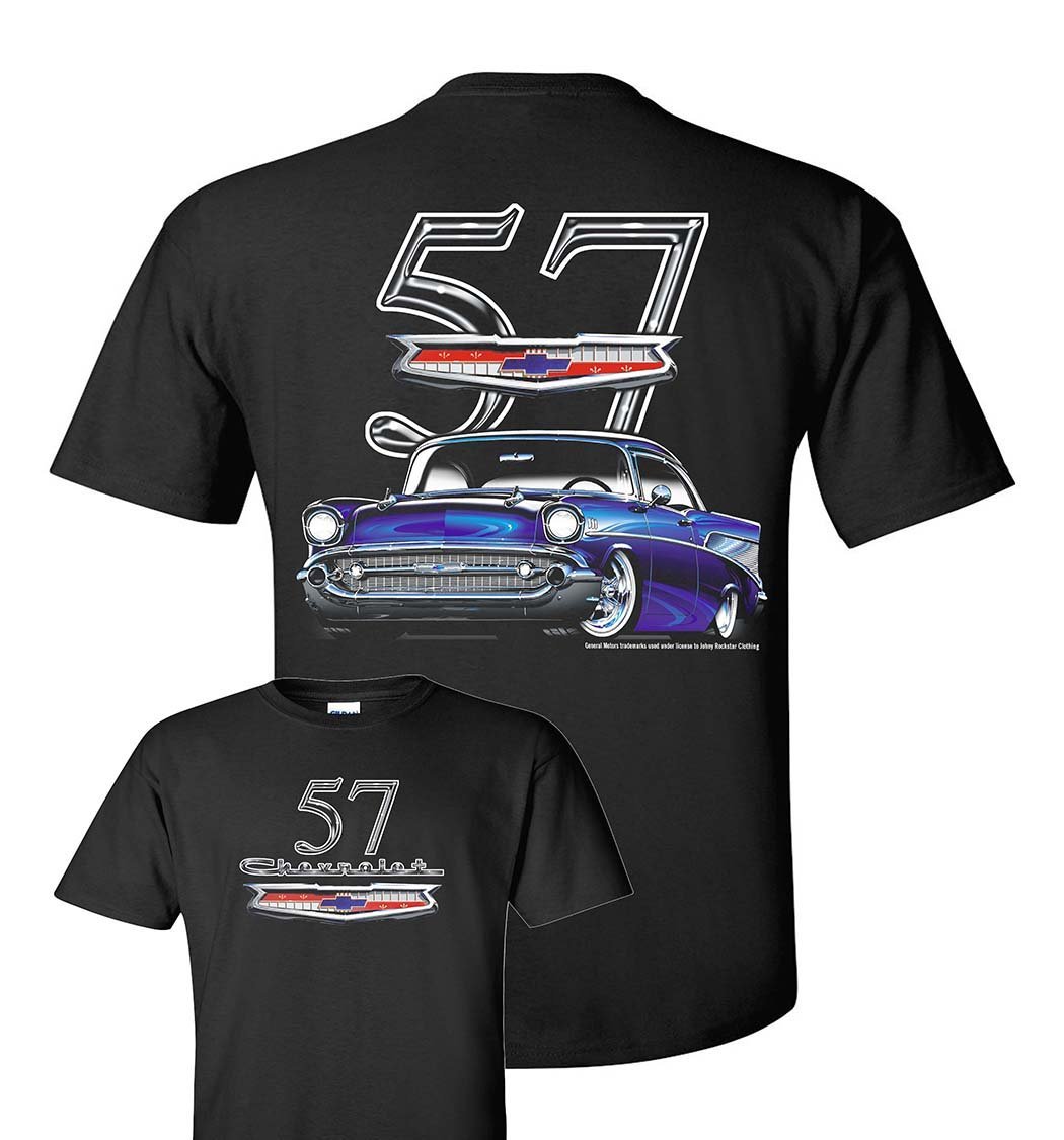 Chevy Bel Air T-Shirt – Black w/ Blue 1957 Car & Emblem / Logo (Licensed)
