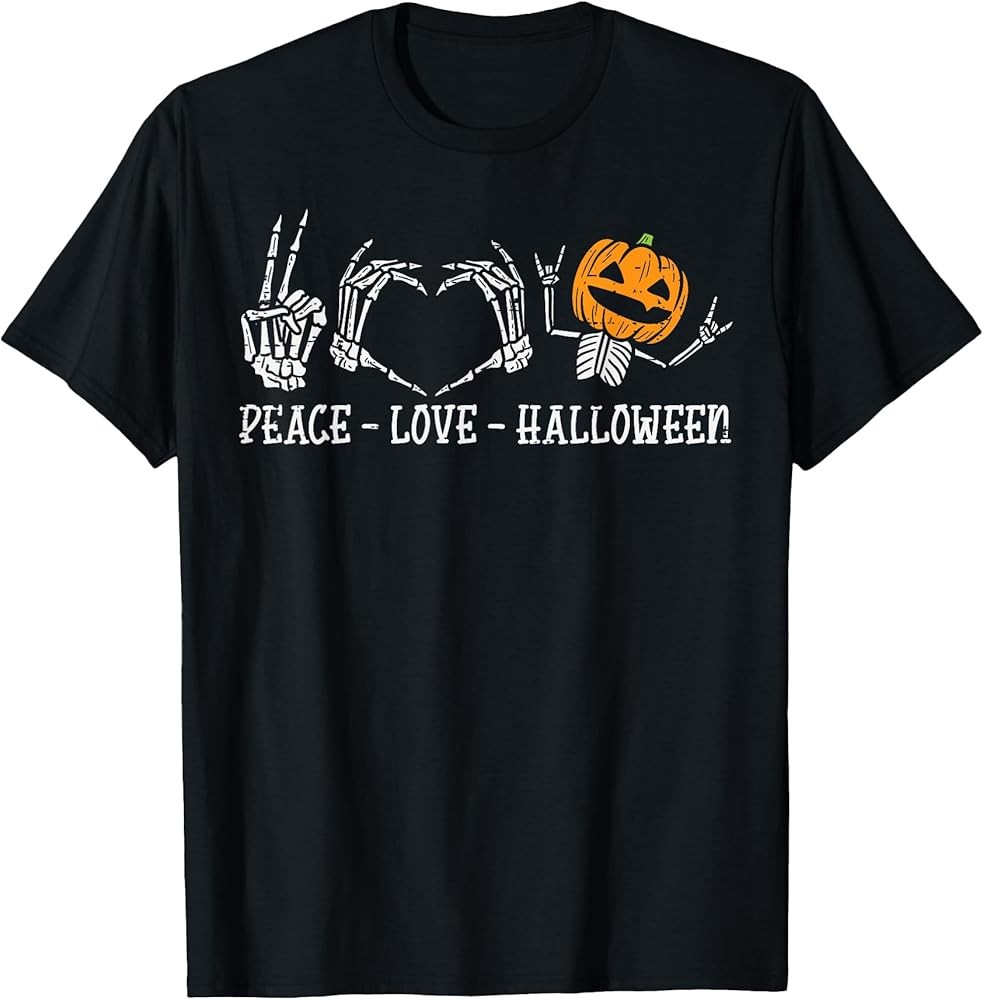 Skeleton Peace Love Pumpkin Funny Halloween Men Women T-Shirt